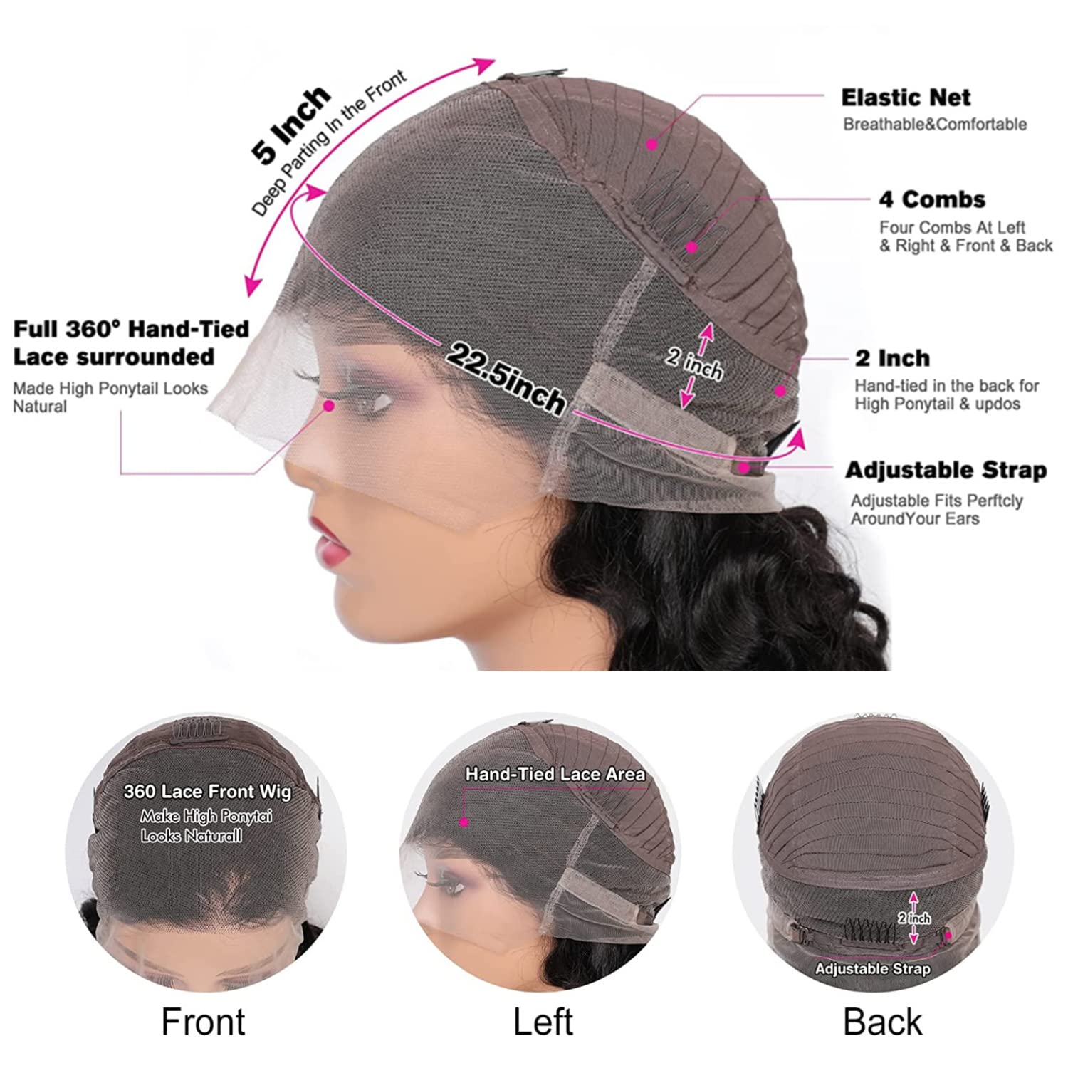 Detalle de Catti 360 Lace Front Wig, 22-Inch Body Wave Human Hair with HD Lace