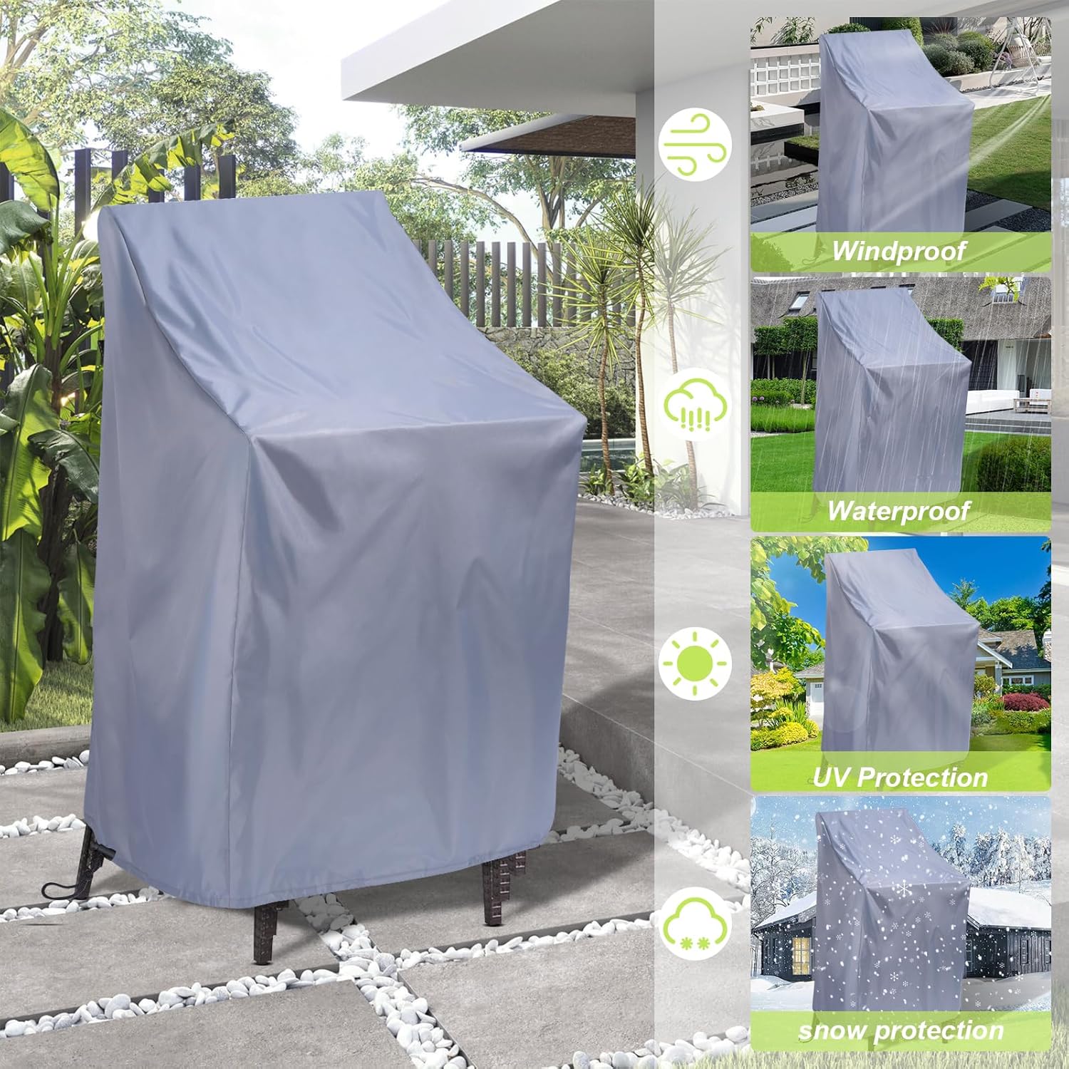 Detalle 2 de Ricyea waterproof garden stacking chair cover (210D Oxford fabric), 2 pack, grey