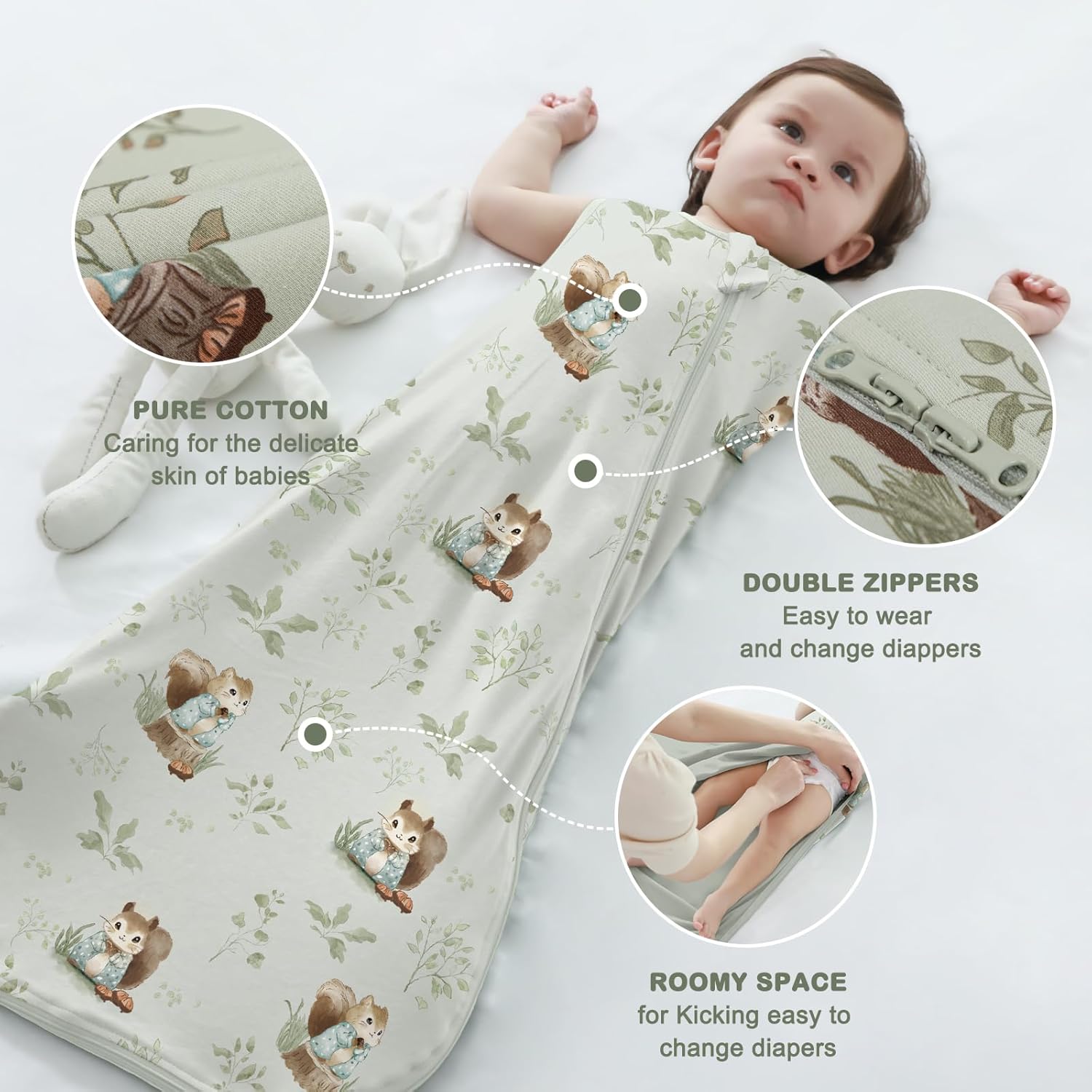 Detalle de Mosebears 0.5 Tog Cotton Baby Sleeping Bag (XL, 18–24 Months) – Animal & Plant Design