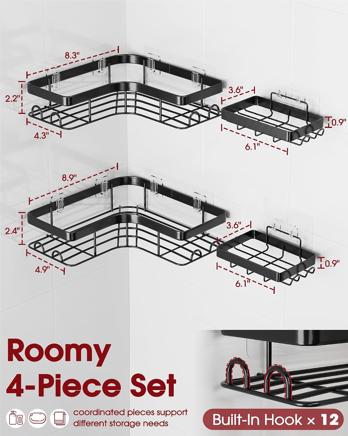 Detalle 2 de Sakugi CA657 Corner Shower Caddy, Black Stainless Steel Shelves with Hooks
