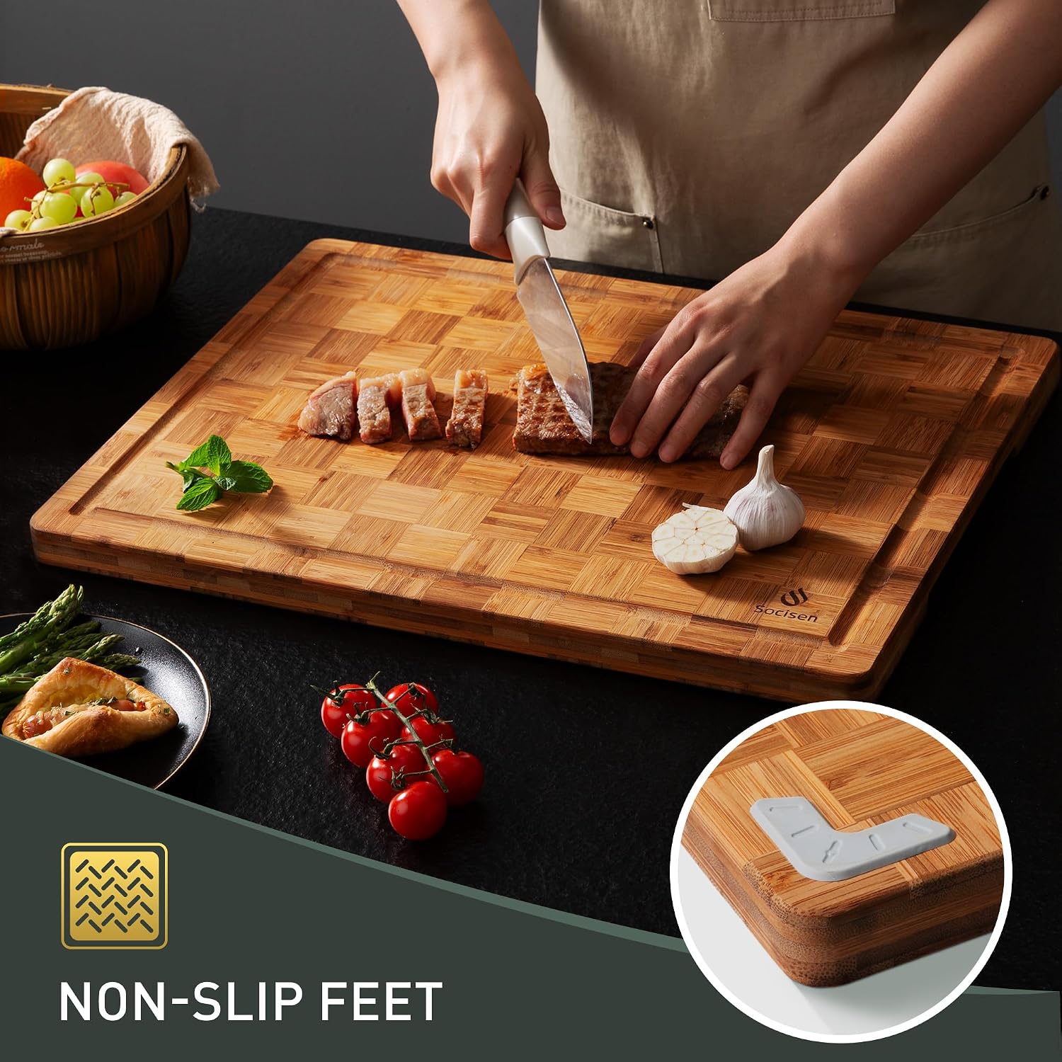 Detalle de XXX Large Bamboo Cutting Board with Non-Slip Feet