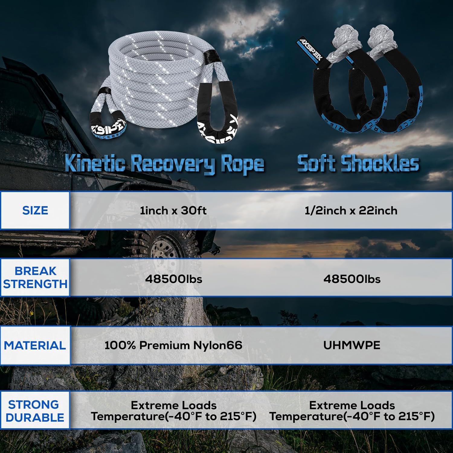 Thumbnail 2 de AXSIPEIX Kinetic Recovery Rope Kit (Reflective), 1in x 30ft with 2 Soft Shackles