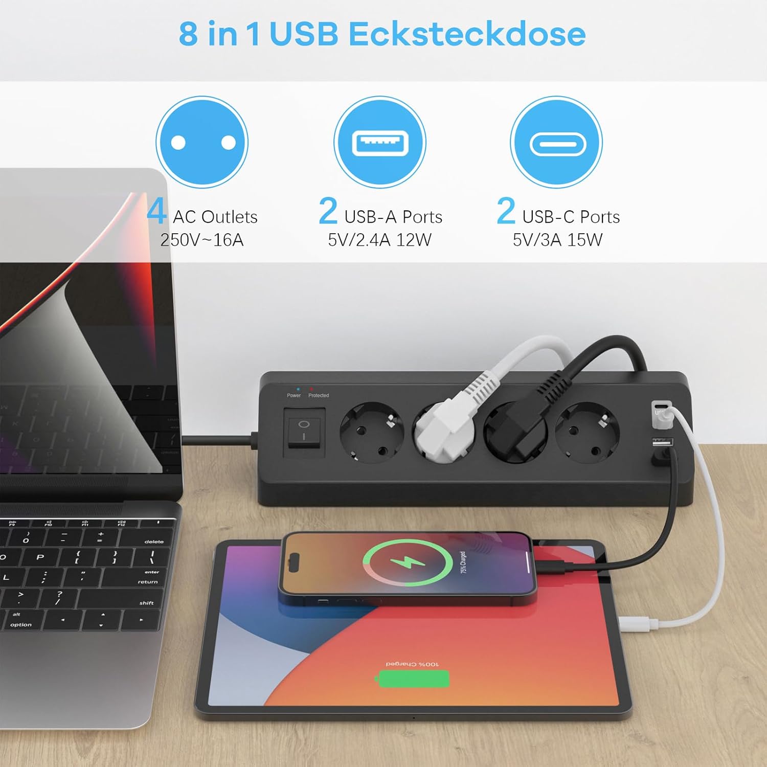 Thumbnail 1 de Ecksteckdose 4‑fach mit 2×USB und 2×Type‑C 🔌