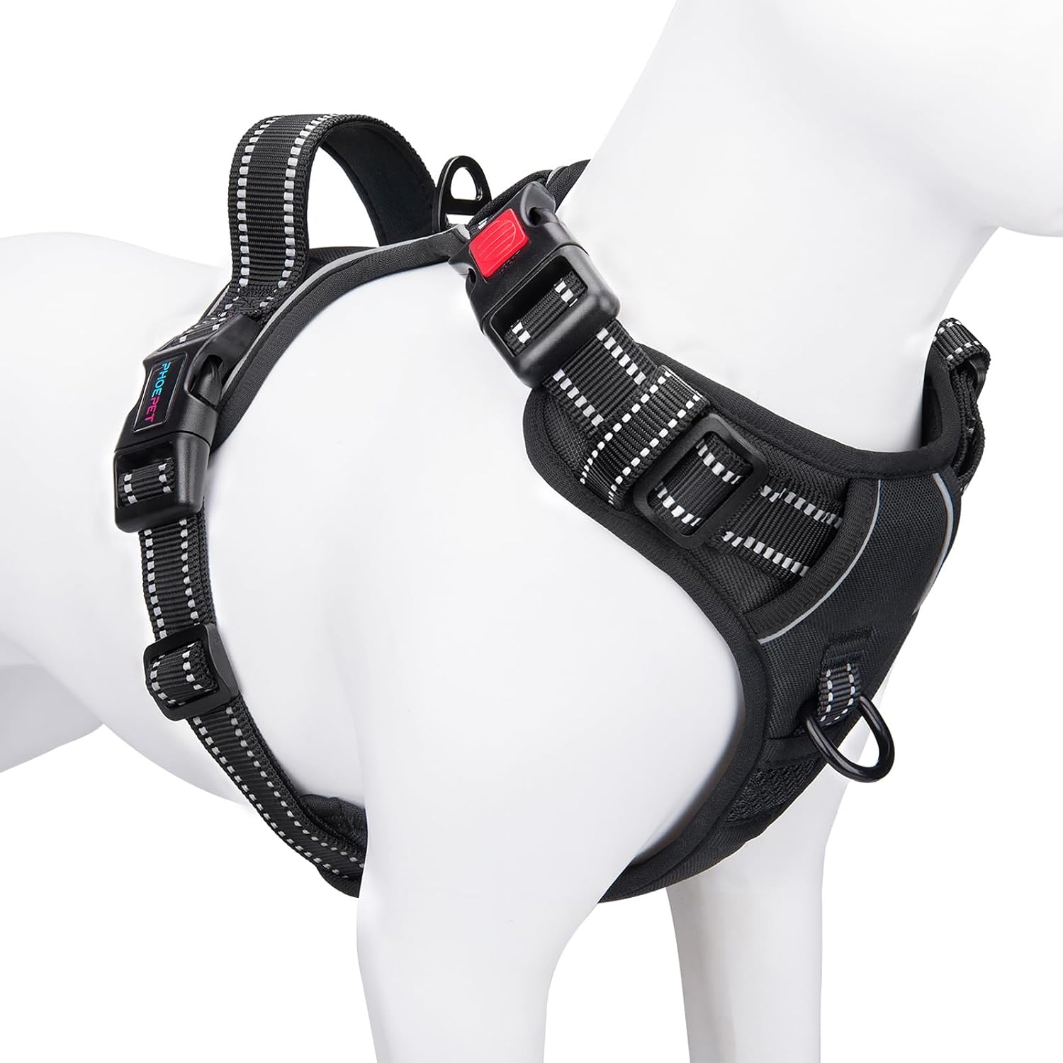 PHOEPET No Pull Dog Harness – Adjustable Vest with Reflective Strips, Front/Back D-Rings, and Emergency Handle (Black, Large)