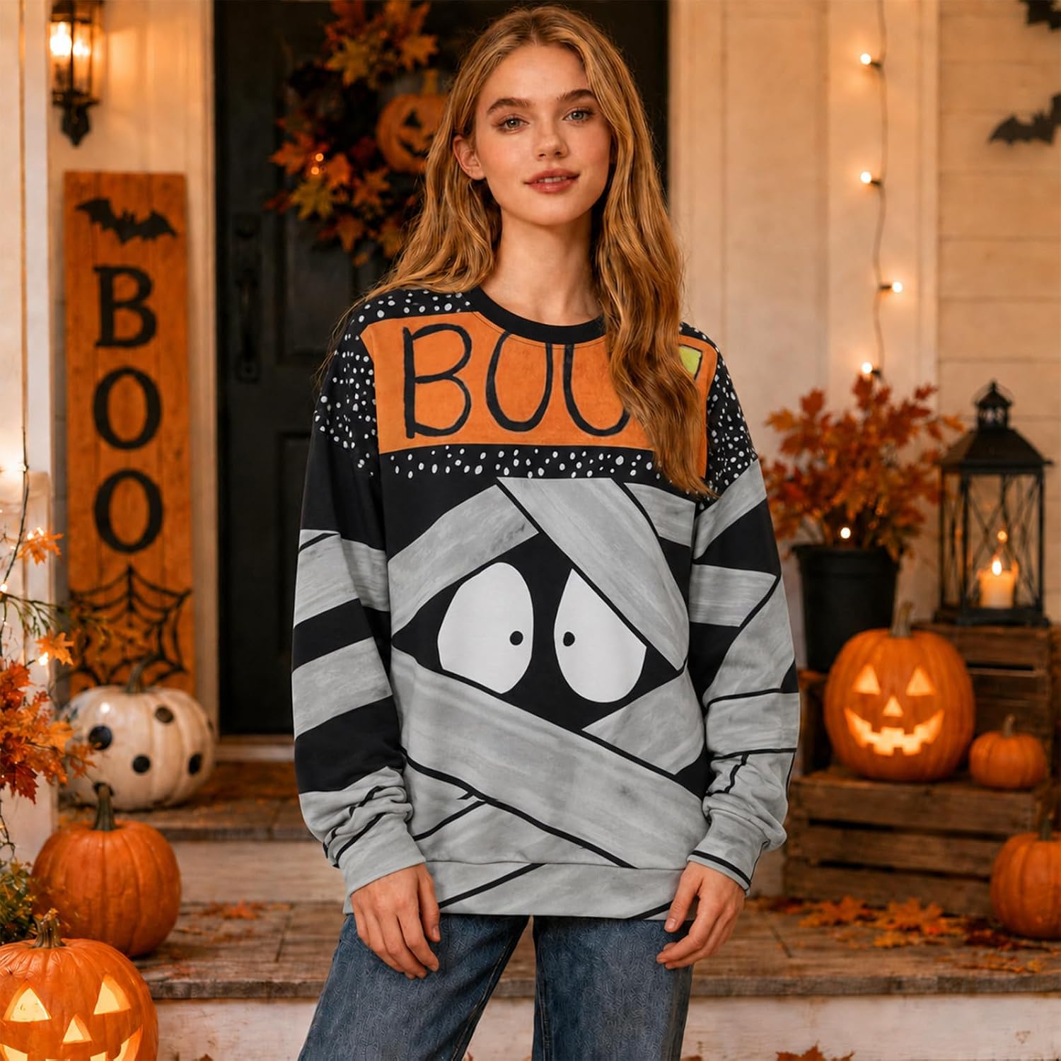 Detalle de SUPEYA Spooky Season Ghost Sweatshirt for Women, Long-Sleeve Pullover