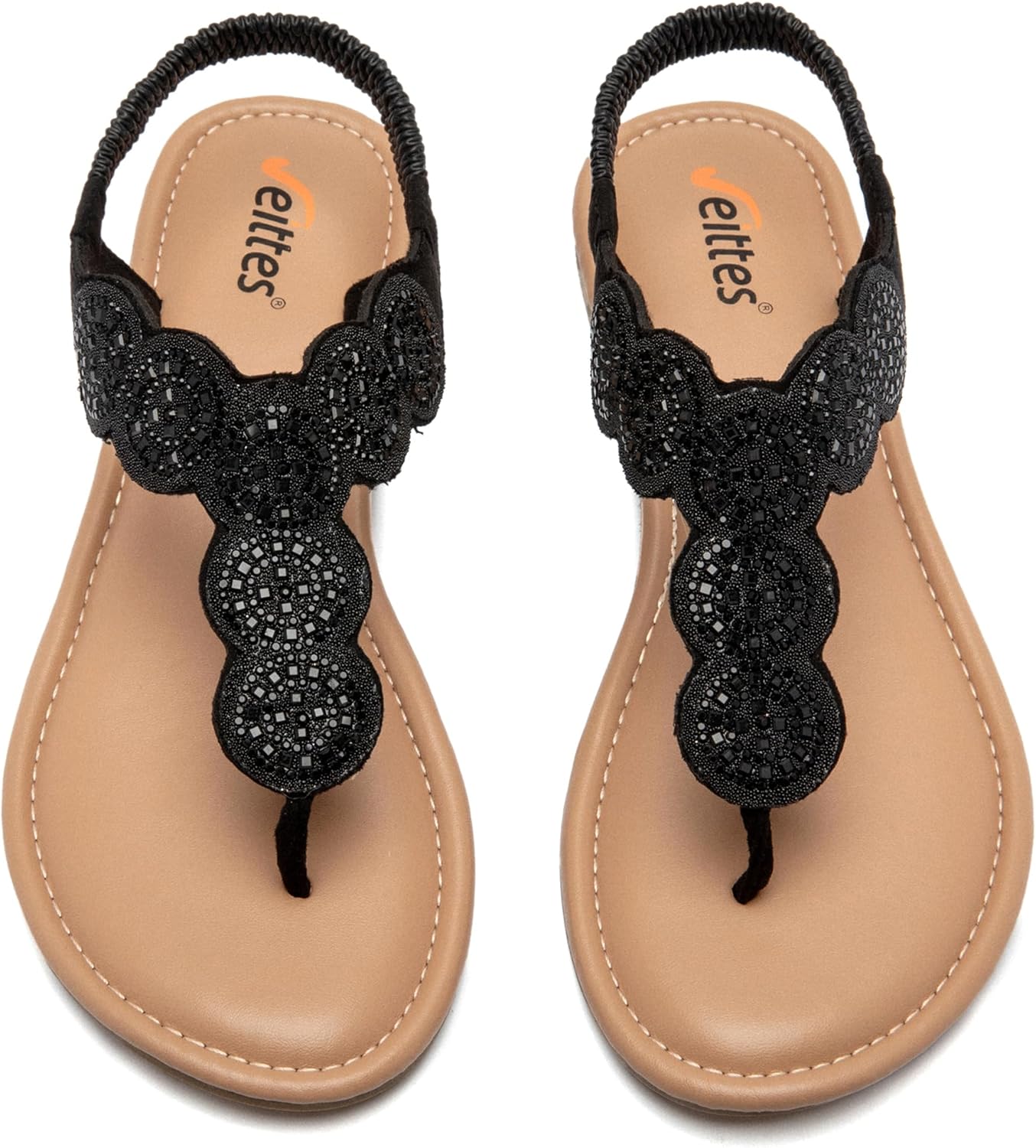 Thumbnail 6 de Veittes Damen Bohemian Flache Sandalen – Glitzernde Strassdekoration, elastischer Knöchelriemen und rutschfeste Sohle