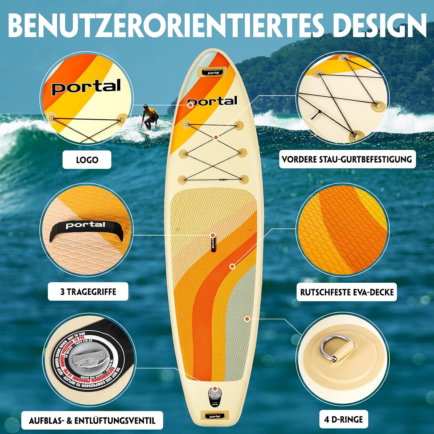 Detalle de Portal Stand Up Paddle Board 10'6 – Aufblasbares SUP-Board mit umfassendem Zubehörpaket