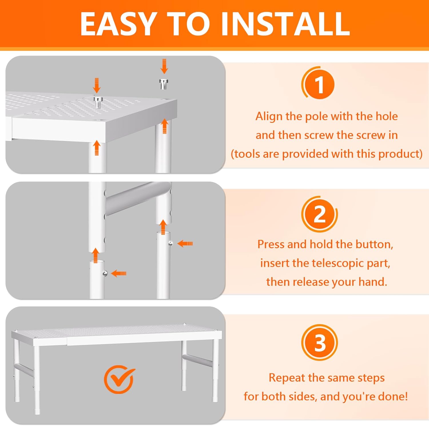 Detalle de SKYSER expandable adjustable spice rack for cabinet shelves (white) – 41.7–72cm range