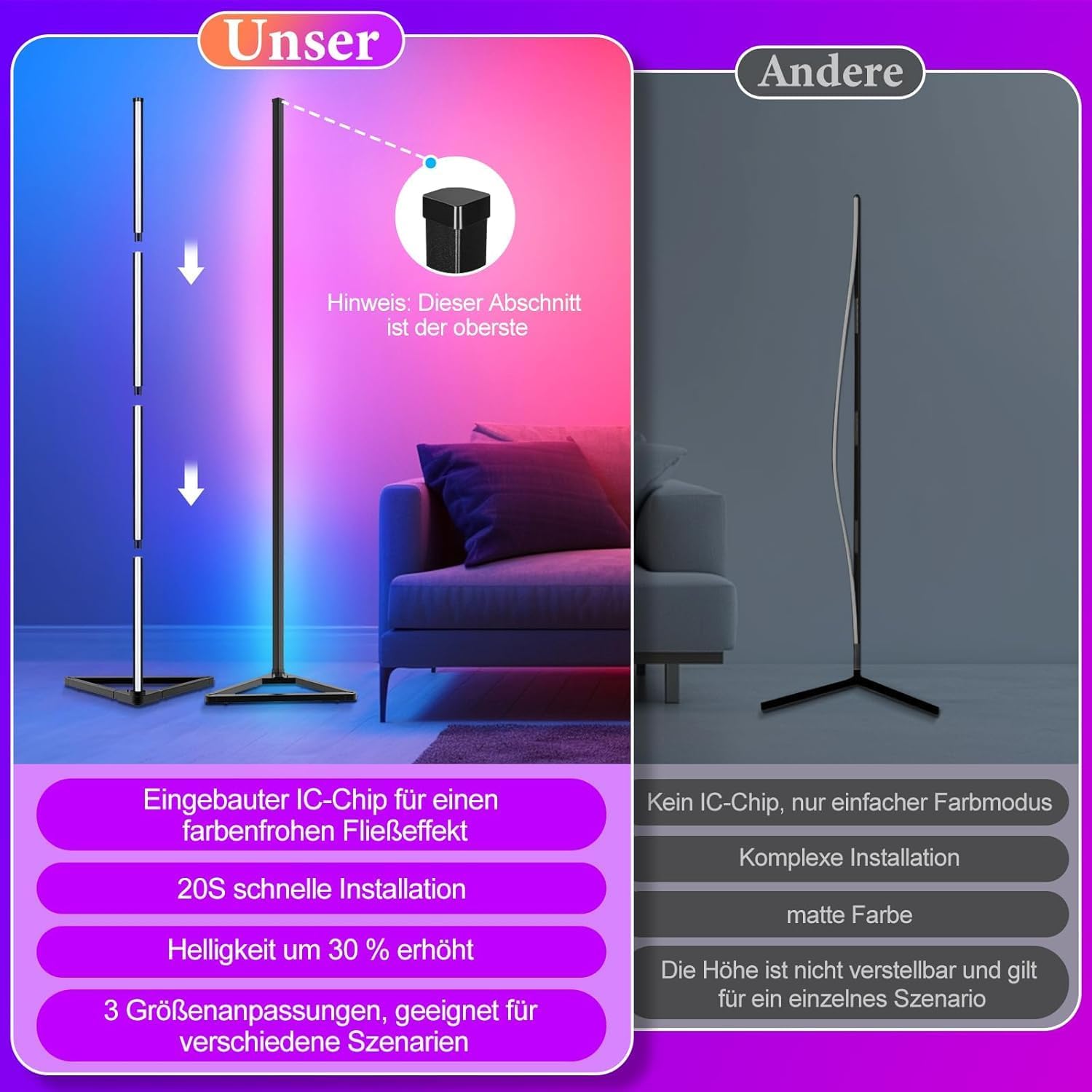 Thumbnail 1 de LED Stehlampe fürs Wohnzimmer dimmbar, 140 cm abnehmbar – RGBIC mit App, 16 Mio. Farben & Musikmodus (schwarz, 2 Stück)