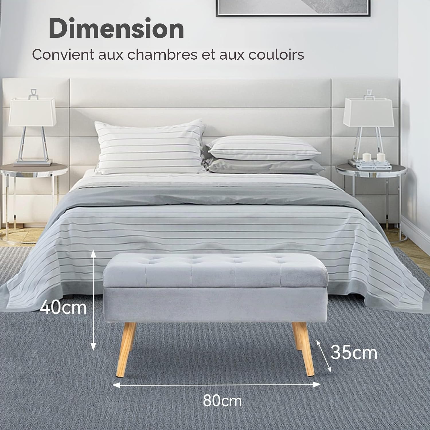 Thumbnail 5 de Hawthyhome Banc avec Espace de Rangement 80 × 35 × 43 cm, Gris – Velours et piètements bois