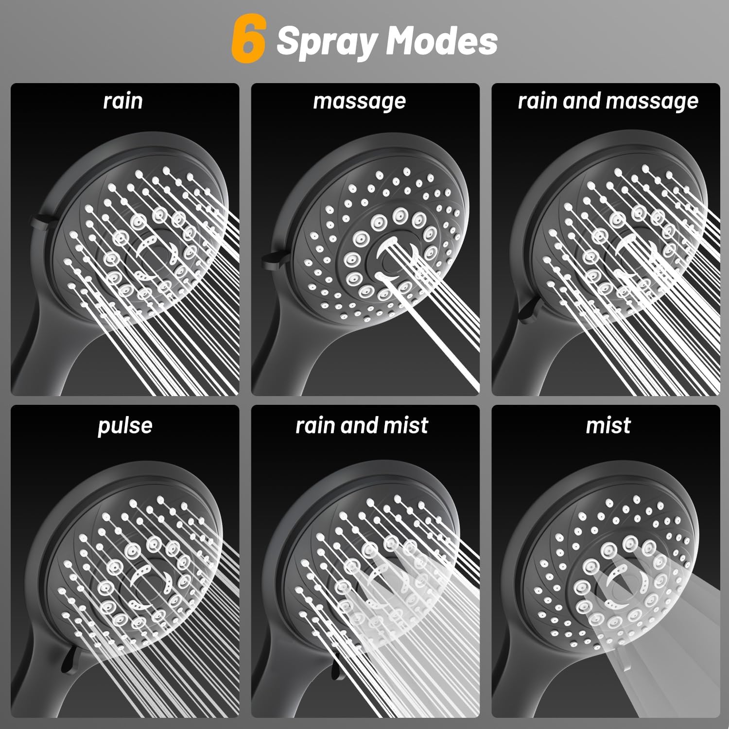 Thumbnail 1 de VEHHE LDDGCA-BLK Handheld Shower Head, 6 Spray Modes, Black