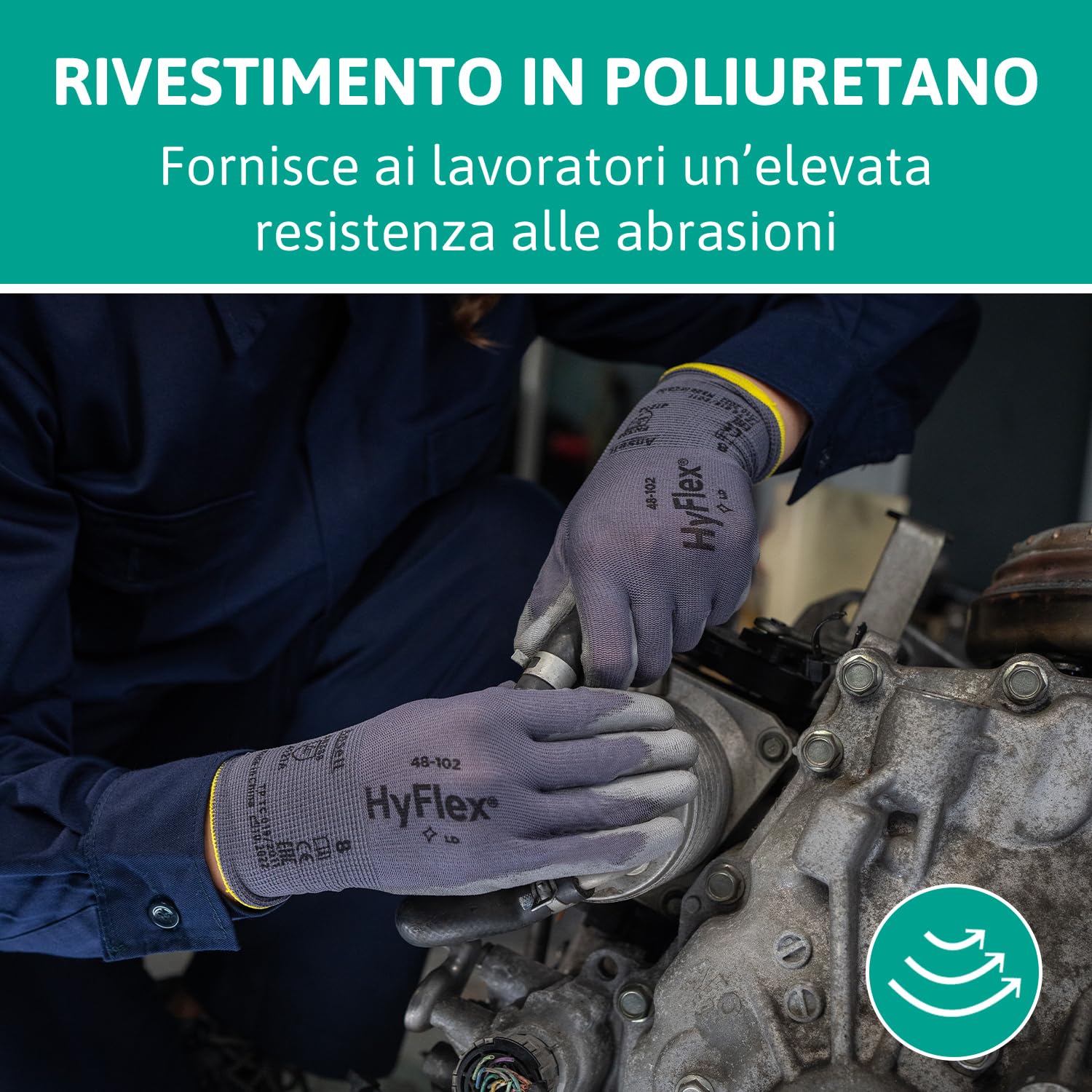 Detalle de Ansell HyFlex 48-102 Guanti da Lavoro Sottili XL, Fodera Elastica con Rivestimento in Poliuretano, Grigio, 12 Paia