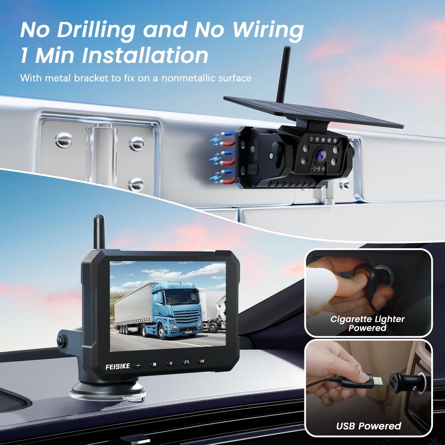 Detalle 2 de Magnetic Solar Wireless Backup Camera for Truck (5 Inch, No-Drill RV Backup Cam, 1080P, 150°)