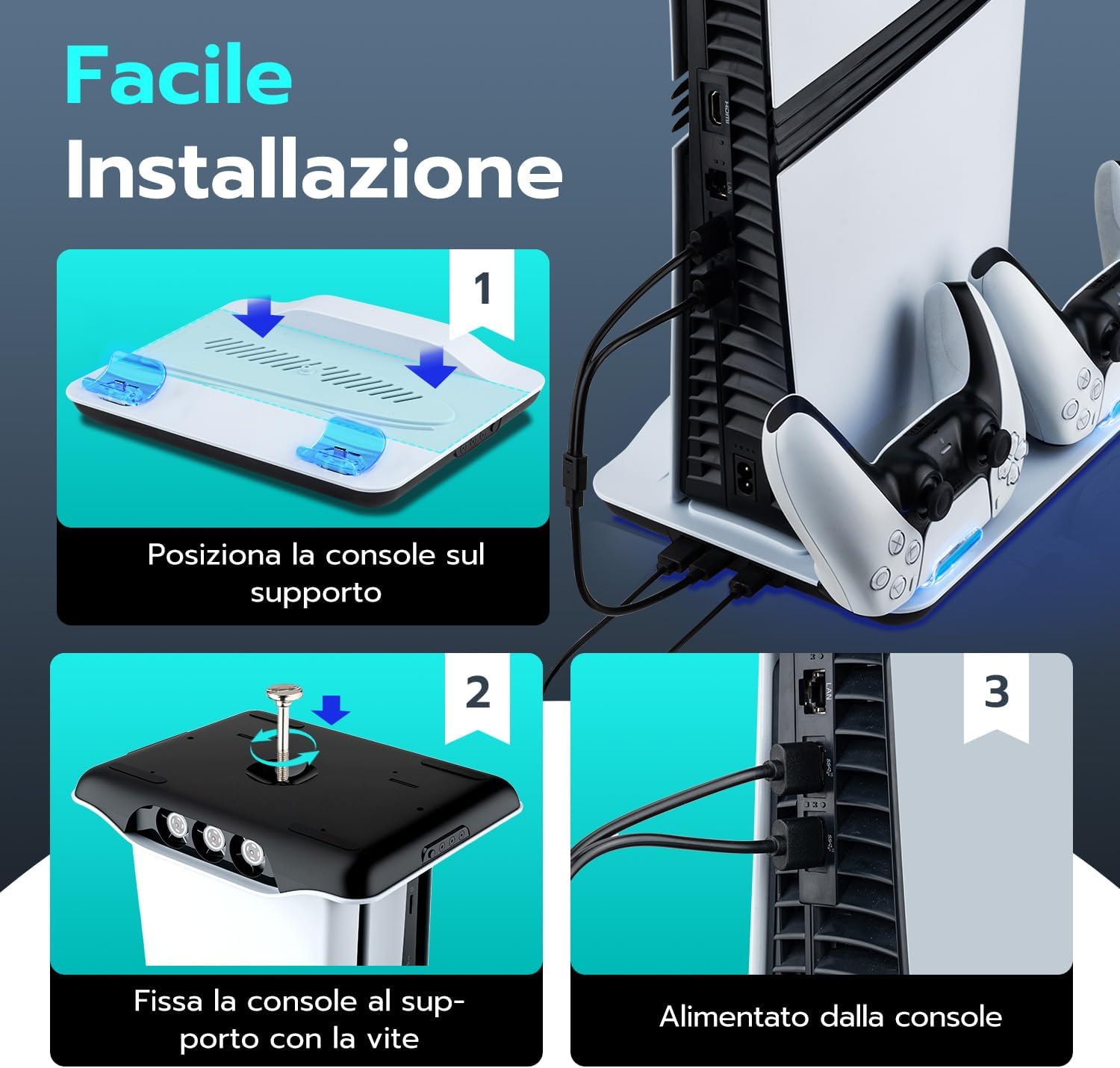 Thumbnail 6 de Tolesum supporto verticale per PS5 Slim/Pro/Disc con ventola e base di ricarica USB per 2 controller