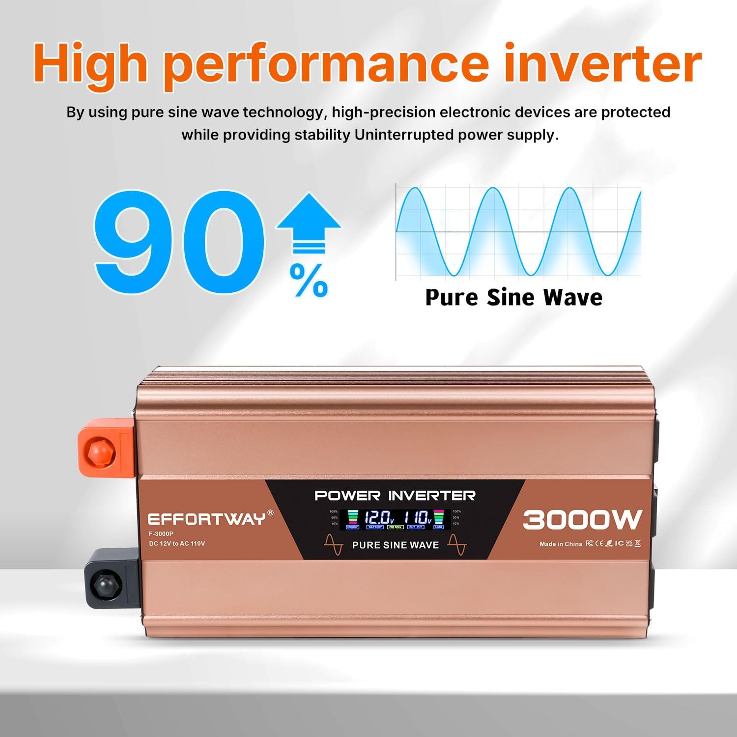 Detalle de EFFORTWAY F-3000P 3000W Pure Sine Wave Inverter, 12V DC to 110–120V AC