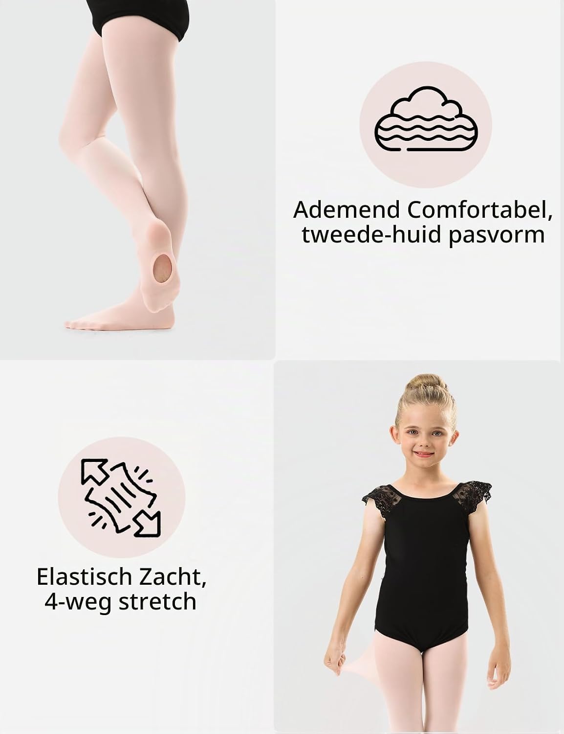 Detalle de DUCMODA converteerbare balletpanty voor meisjes, met en zonder voet