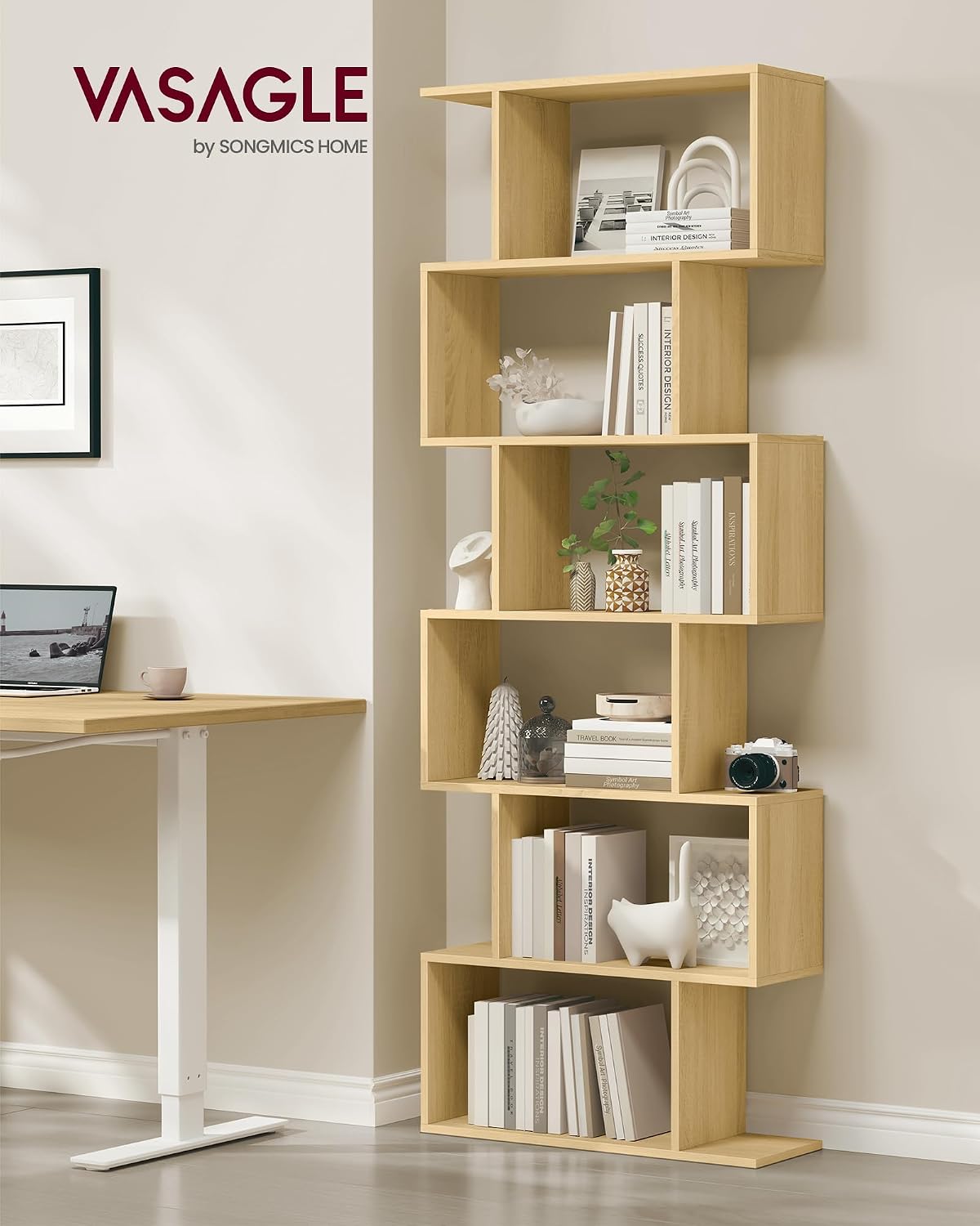 Detalle 2 de VASAGLE LBC061T70 6-Tier S-Shaped Bookcase, Natural Oak