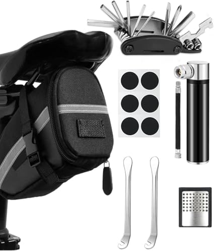 Detalle de HAZENS Fahrrad Reparaturset mit Satteltasche – 16-in-1 Multitool, Mini-Luftpumpe 120 PSI, Notfallwerkzeug Flickzeug