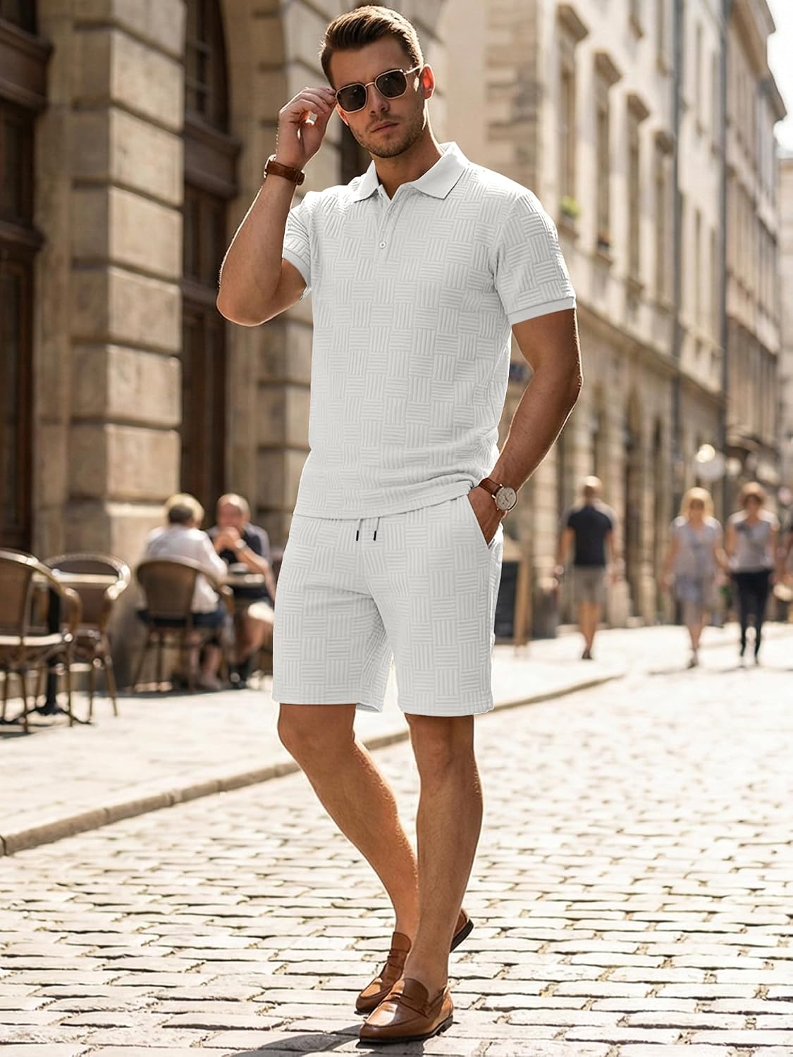 Detalle 2 de JMIERR Jogginganzug Herren Set – 2-Teiliges Sommer Trainingsanzug, Polo Shirt + Baggy Shorts