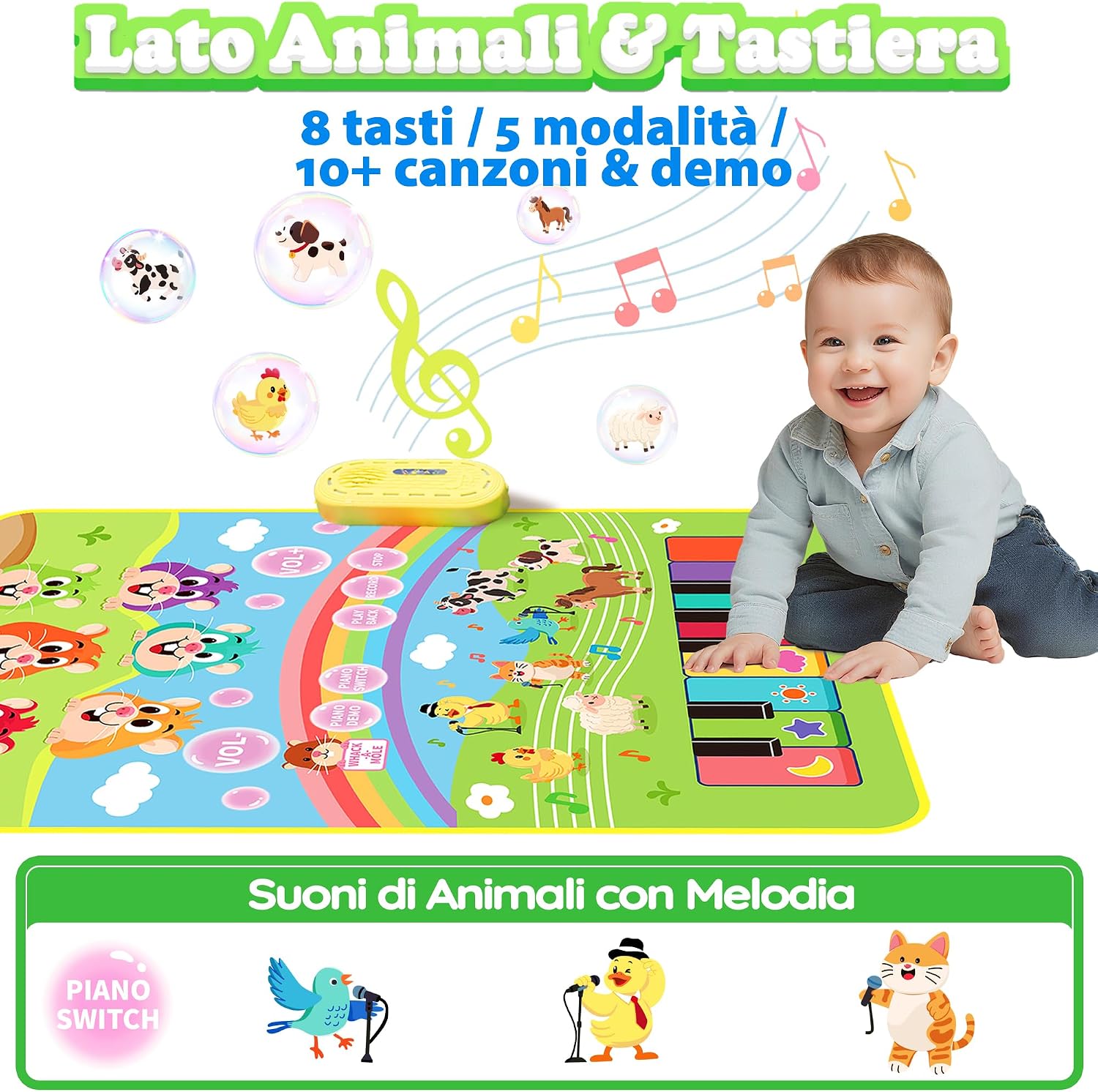 Detalle de MOMUSE Tappeto Musicale con Gioco Colpisci la Talpa 3 in 1 – Tappeto Pianoforte per Bambini 1–5 anni