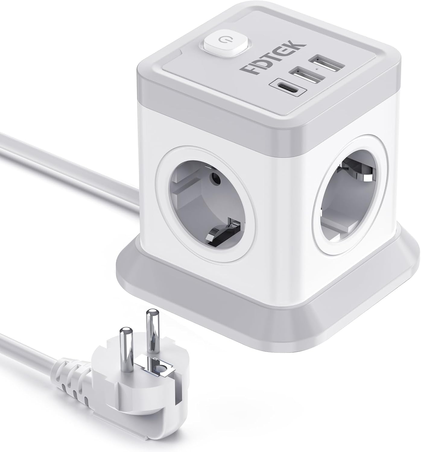 FDTEK kubformat grenuttag med USB-C, fyra uttag och 1,8 m kabel