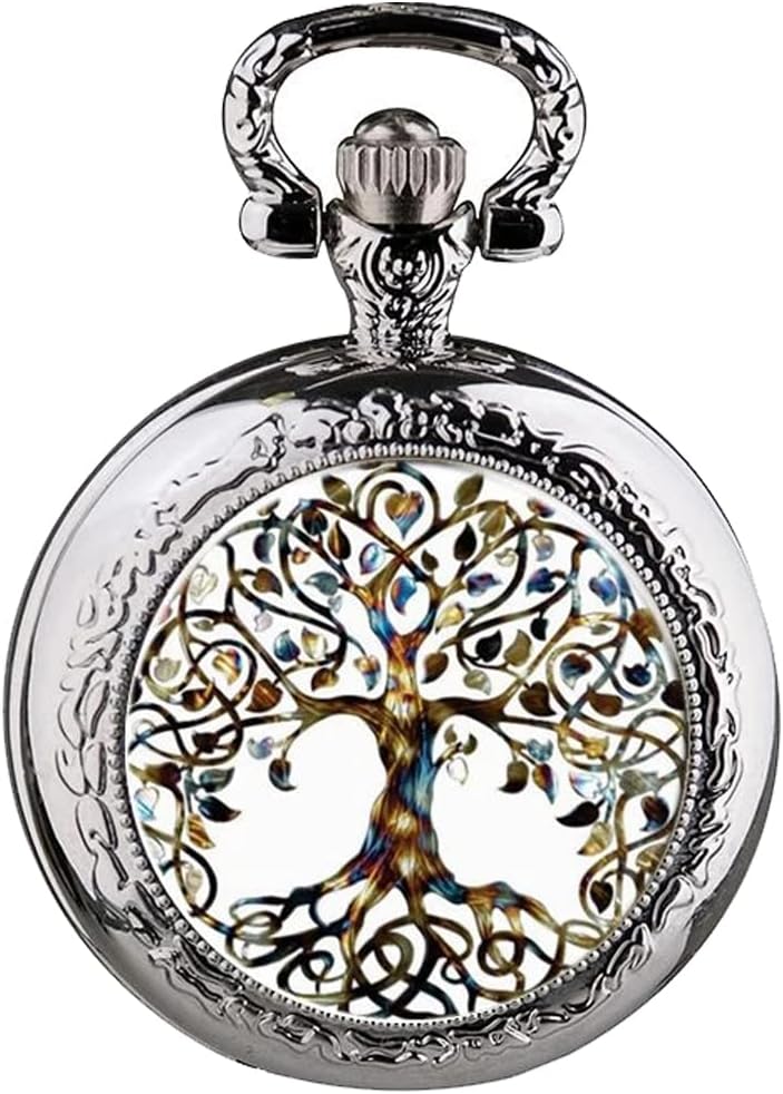 Detalle de Tiong Pocket Watch Hollow Tree of Life Design – Quartz Pocket Watch with Chain for Men and Women