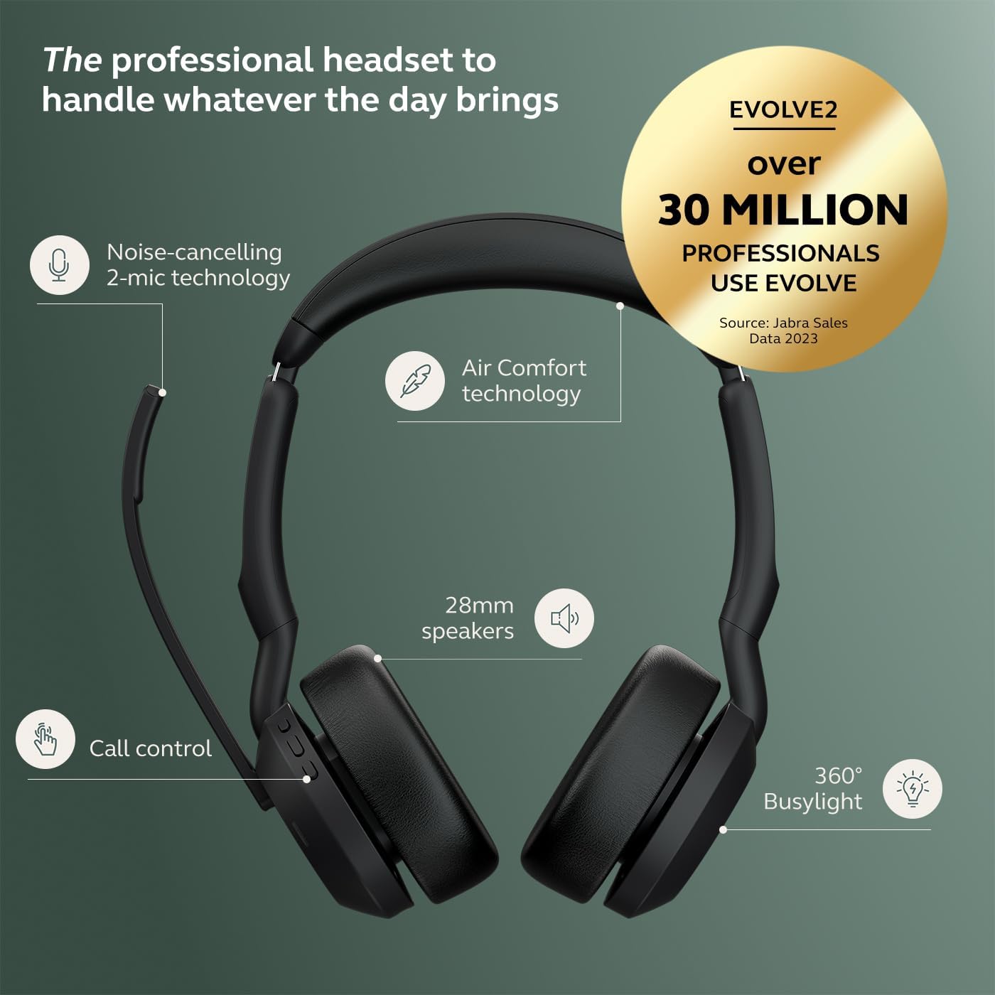 Detalle de Jabra Evolve2 55: Micro-casque sans fil stéréo avec base de recharge – confort et ANC pour UC