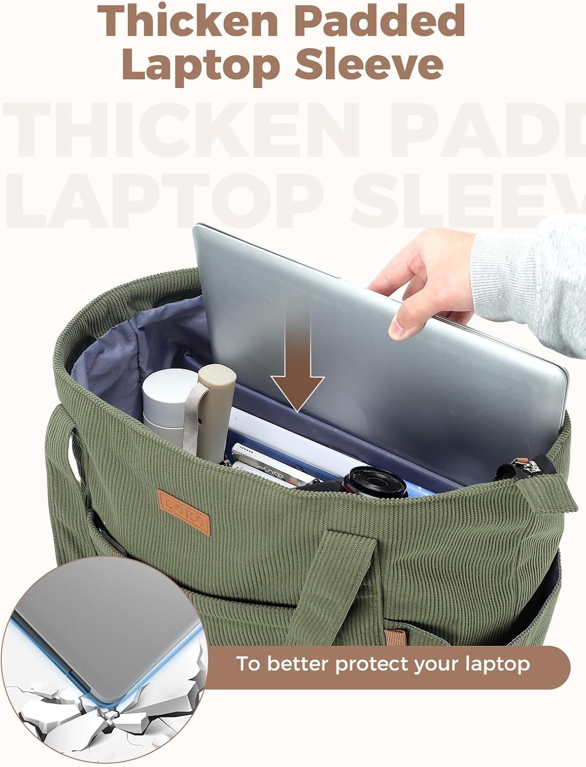 Thumbnail 4 de Lekespring Cord Tasche Damen – Große Tote Bag mit Reißverschluss, 15,6 Zoll Laptopfach, Grün