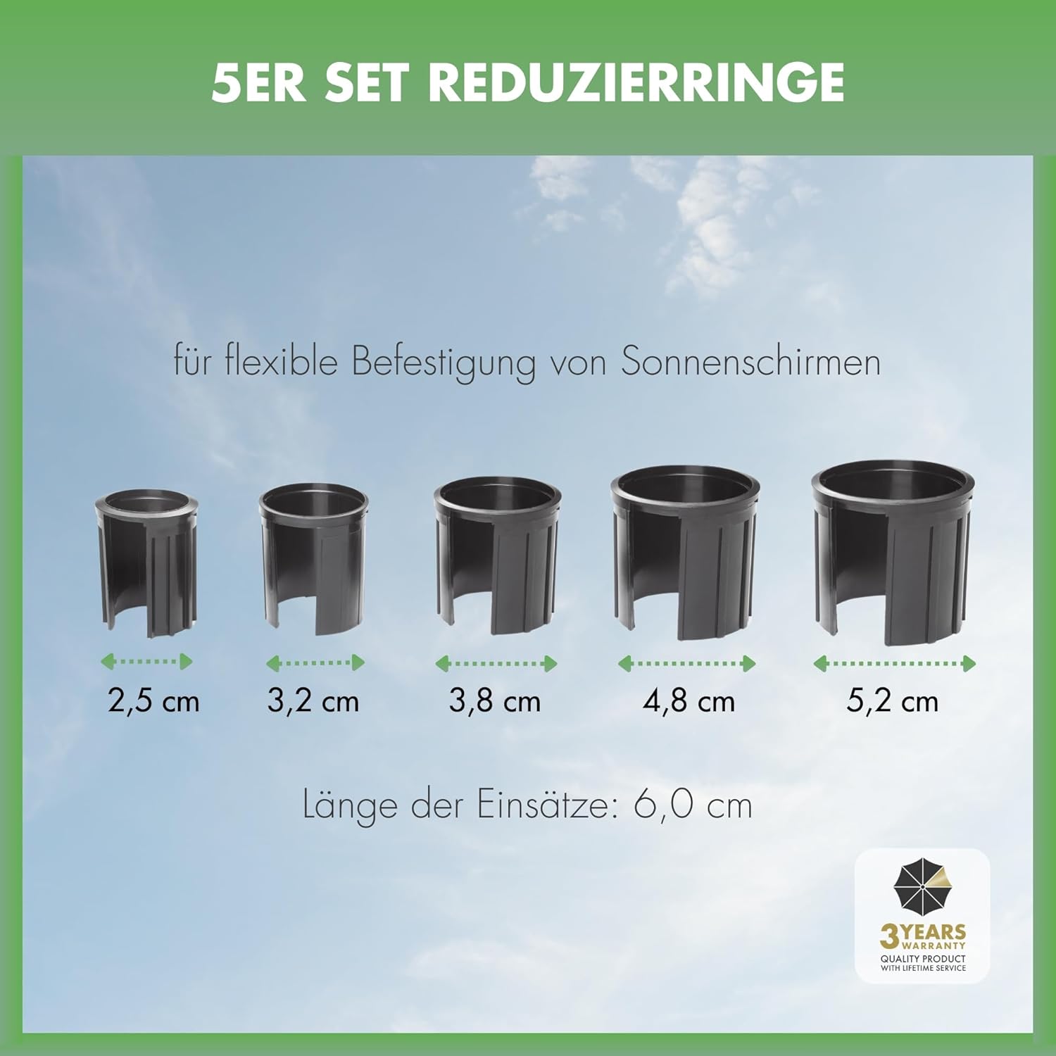 Thumbnail 1 de Doppler Reduzierringe Universal 5er Set – Reduziereinsätze mit Innendurchmesser 5,2/4,8/3,8/3,2/2,5 cm für Sonnenschirmständer