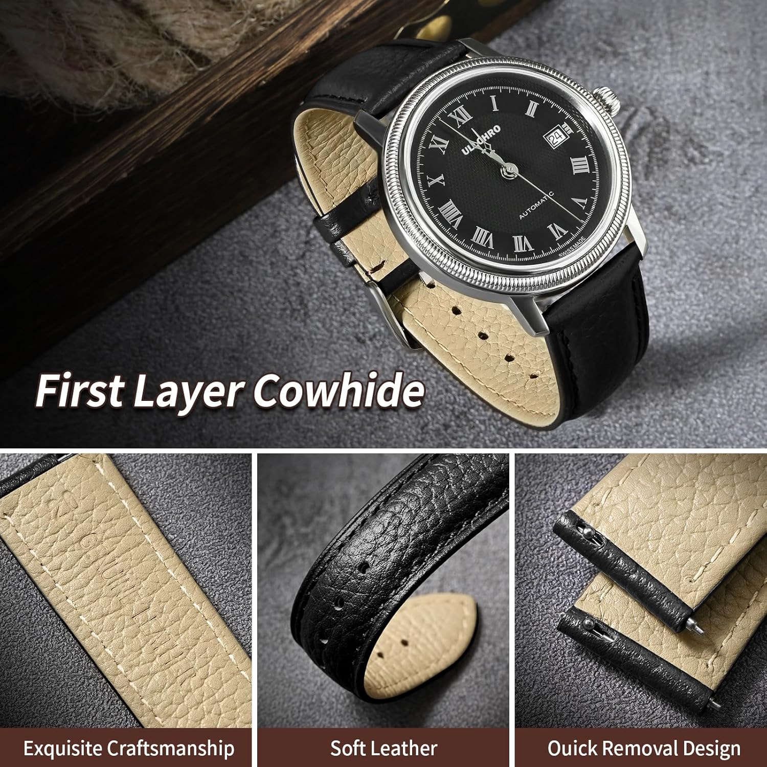 Thumbnail 2 de Uhrenarmband Herren aus echtem Leder (Vintage) mit Quick-Release, 20 mm, schwarz