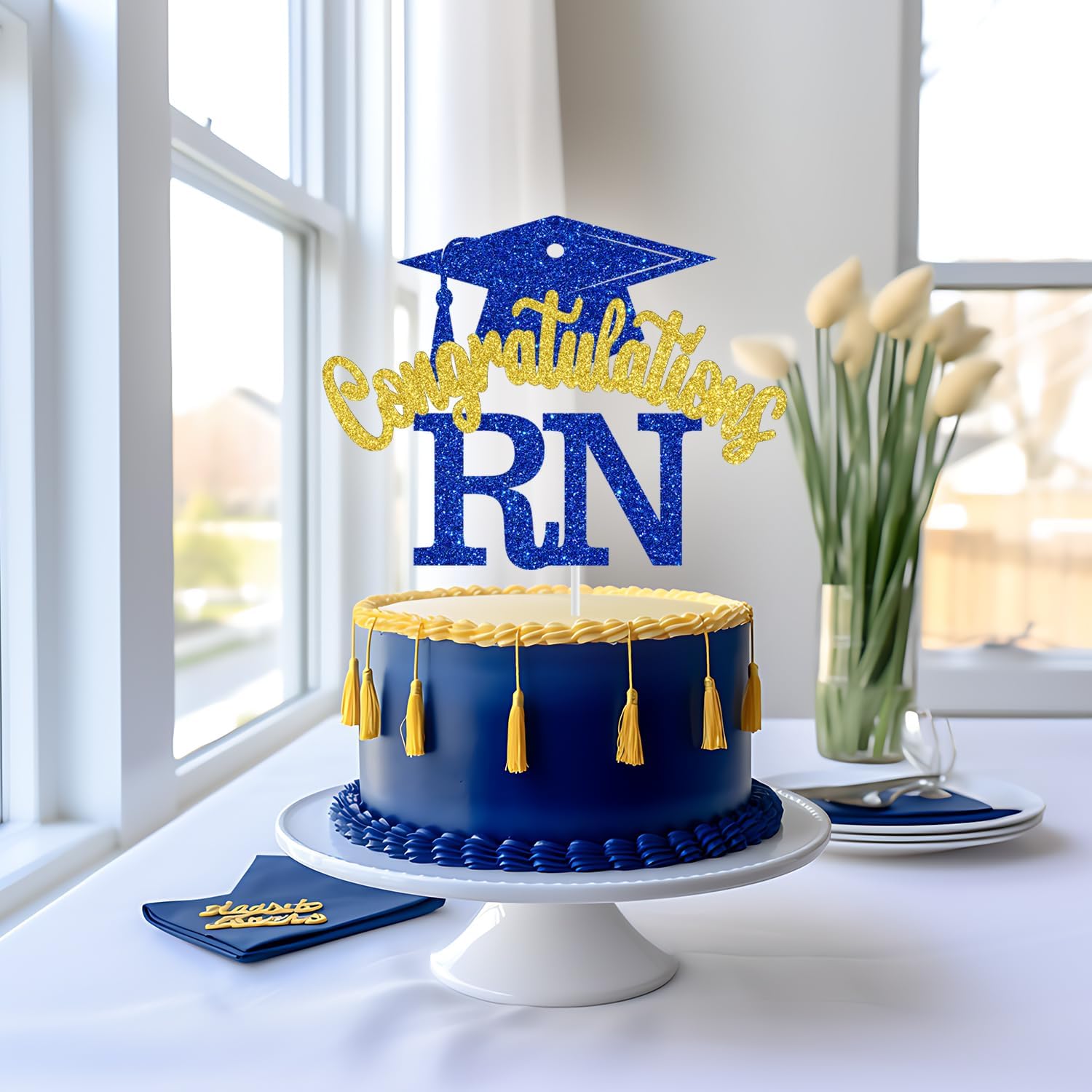 Detalle 1 de RN Cake Topper, Blue and Gold Glitter