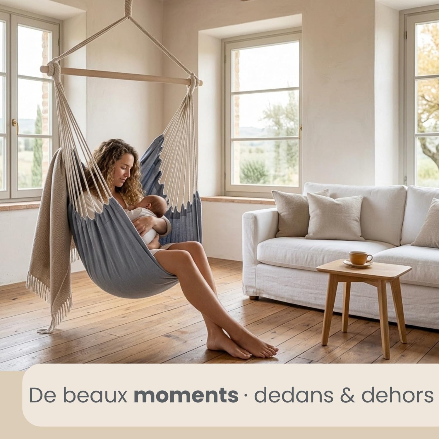 Detalle de AMANKA XXL 2-persoons hangstoel 185 x 130 cm met houten spreidstok