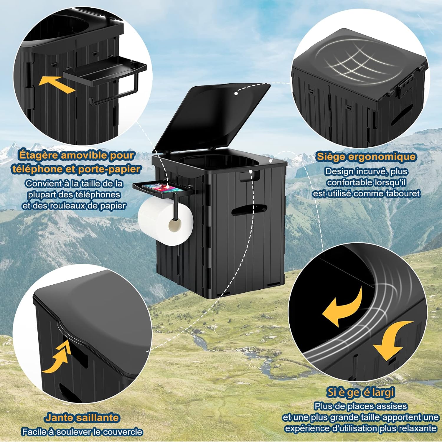 Detalle de WADEO OD0558-P opvouwbaar campingtoilet van ABS met telefoonhouder