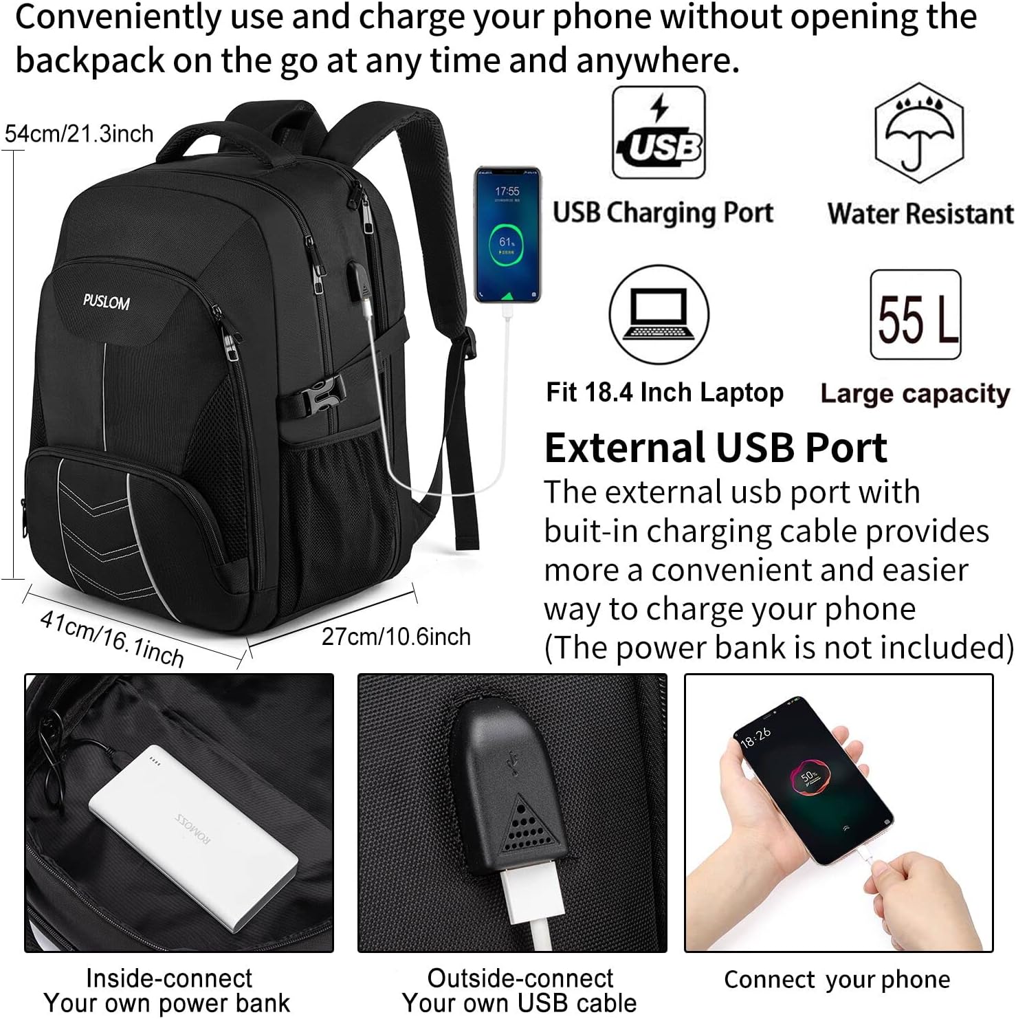 Detalle 2 de Extra Large Backpack 55L Travel Laptop Bag