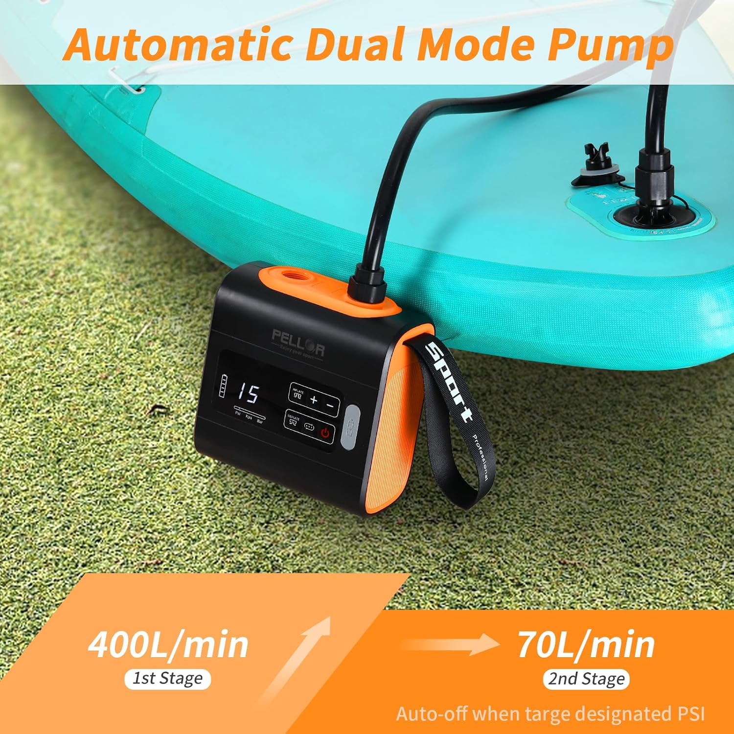 Detalle de PELLOR elektrisk SUP-pump med batteri, 22 PSI och automatisk avstängning