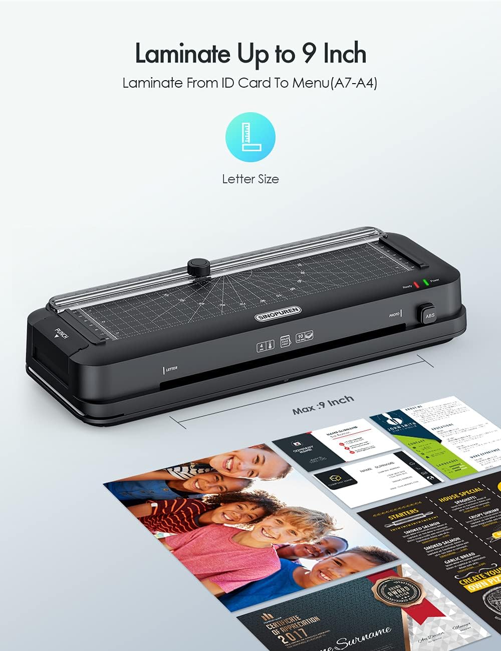 Detalle de SINOPUREN 9-Inch Laminator with Trimmer, 2-Hole Punch and 50 A4 Pouches