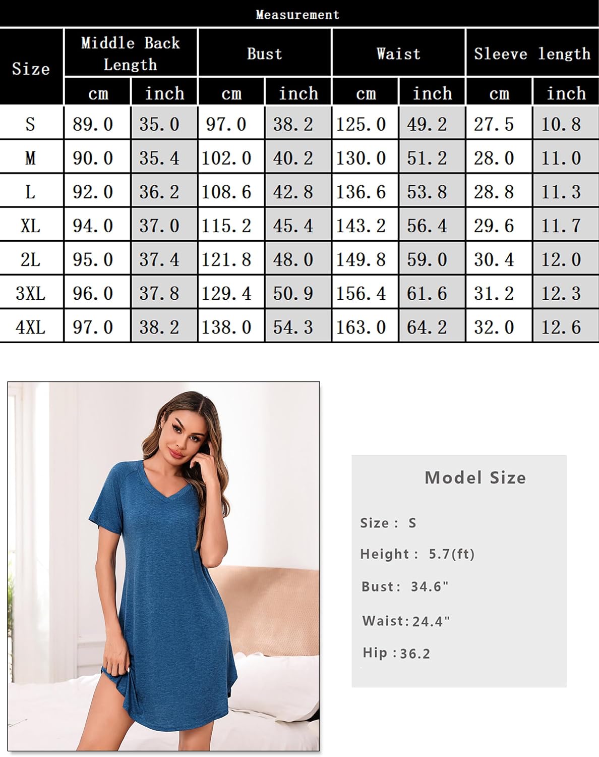 Thumbnail 5 de Marvmys Chemise de Nuit Femme en Coton - Manches Courtes, Col en V, Taille S à 4XL