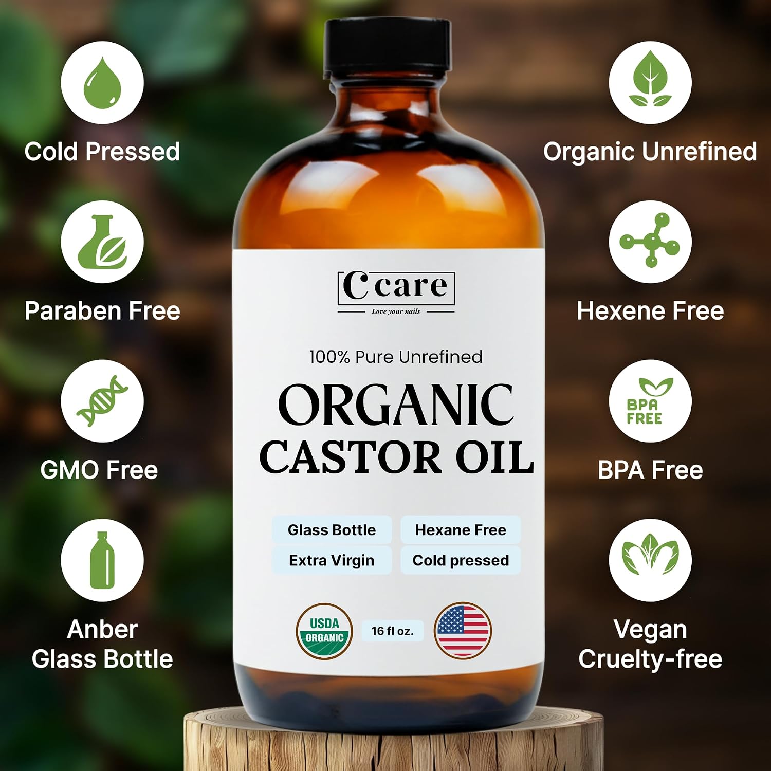 Detalle de 100% Pure Organic Castor Oil, Cold-Pressed Unrefined in Amber Glass Bottle (16oz) – Hexane Free USDA Organic