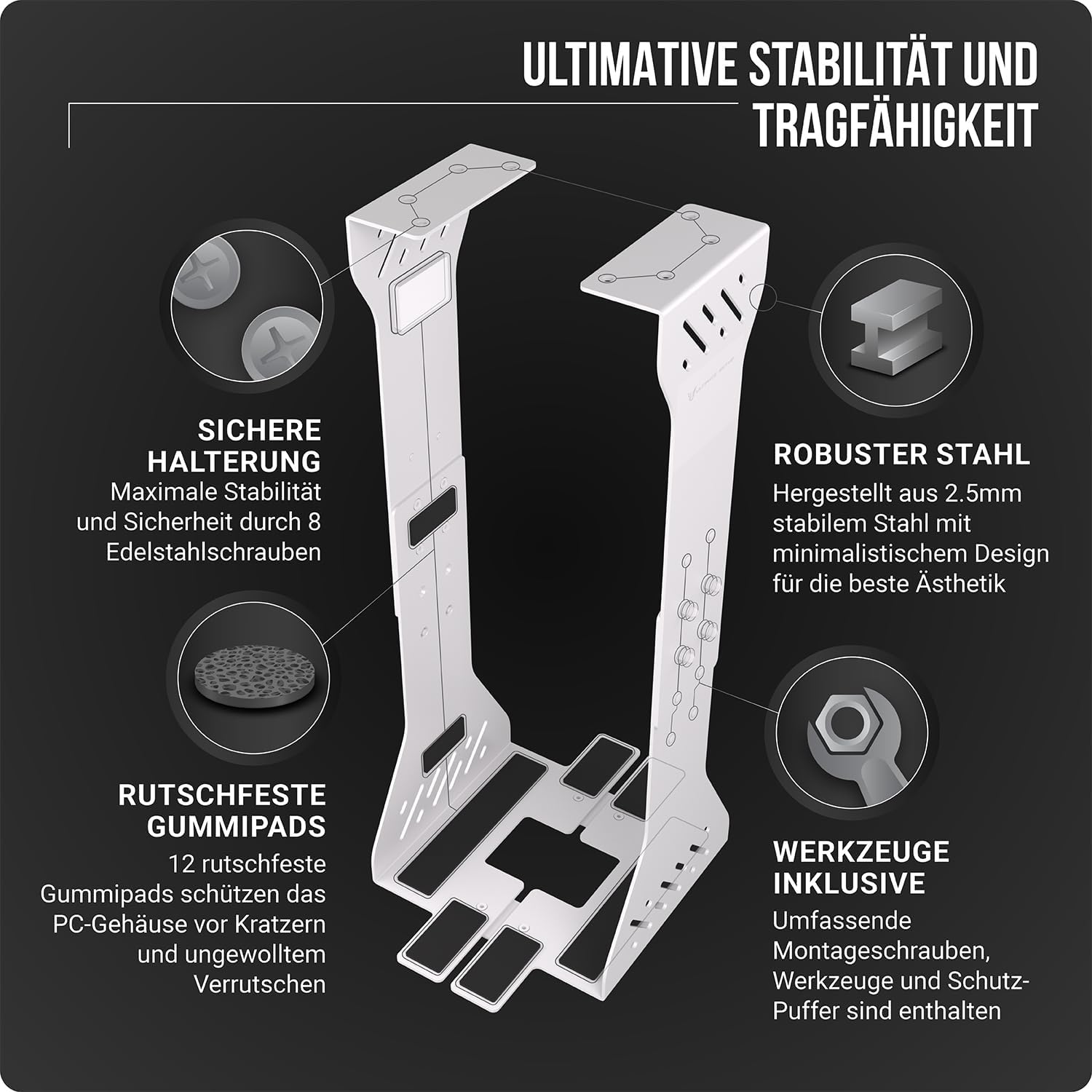 Detalle de PC Halterung unter dem Schreibtisch – Schwerlast-Tower-Halterung bis 35 kg (Weiß)