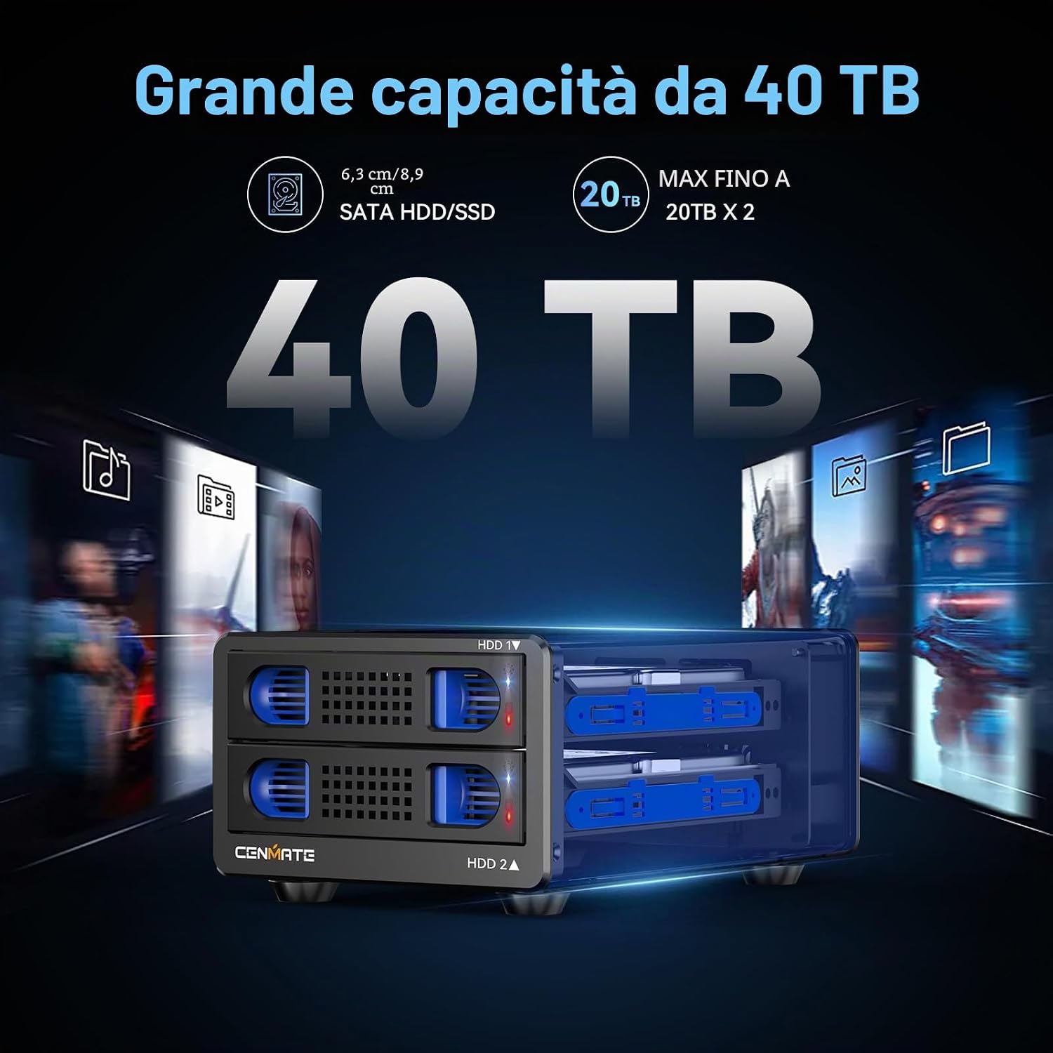 Detalle de CENMATE Hard Drive Case 2 Baie in Alluminio con Ventola: espansione modulare per HDD/SSD da 2,5/3,5 pollici