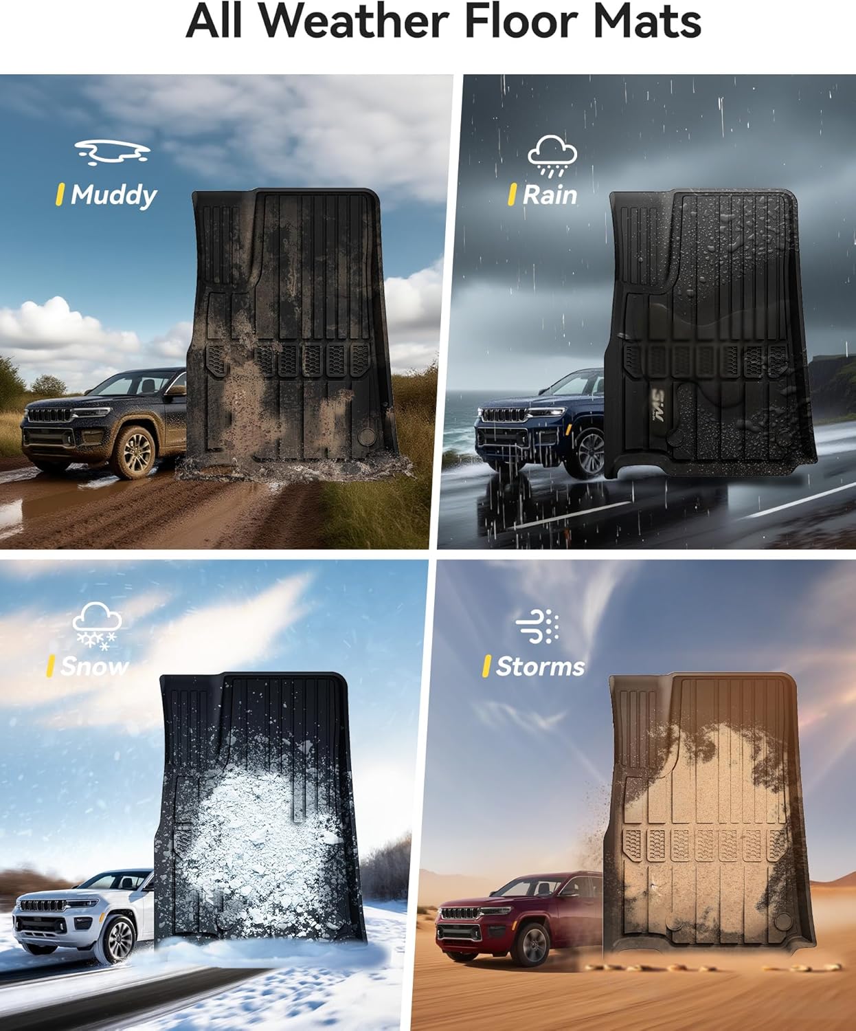 Thumbnail 5 de 3W All-Weather TPE Floor Mats & Cargo Liner for Jeep Grand Cherokee L (2021-2026, 6-Passenger, No Center Console) Black