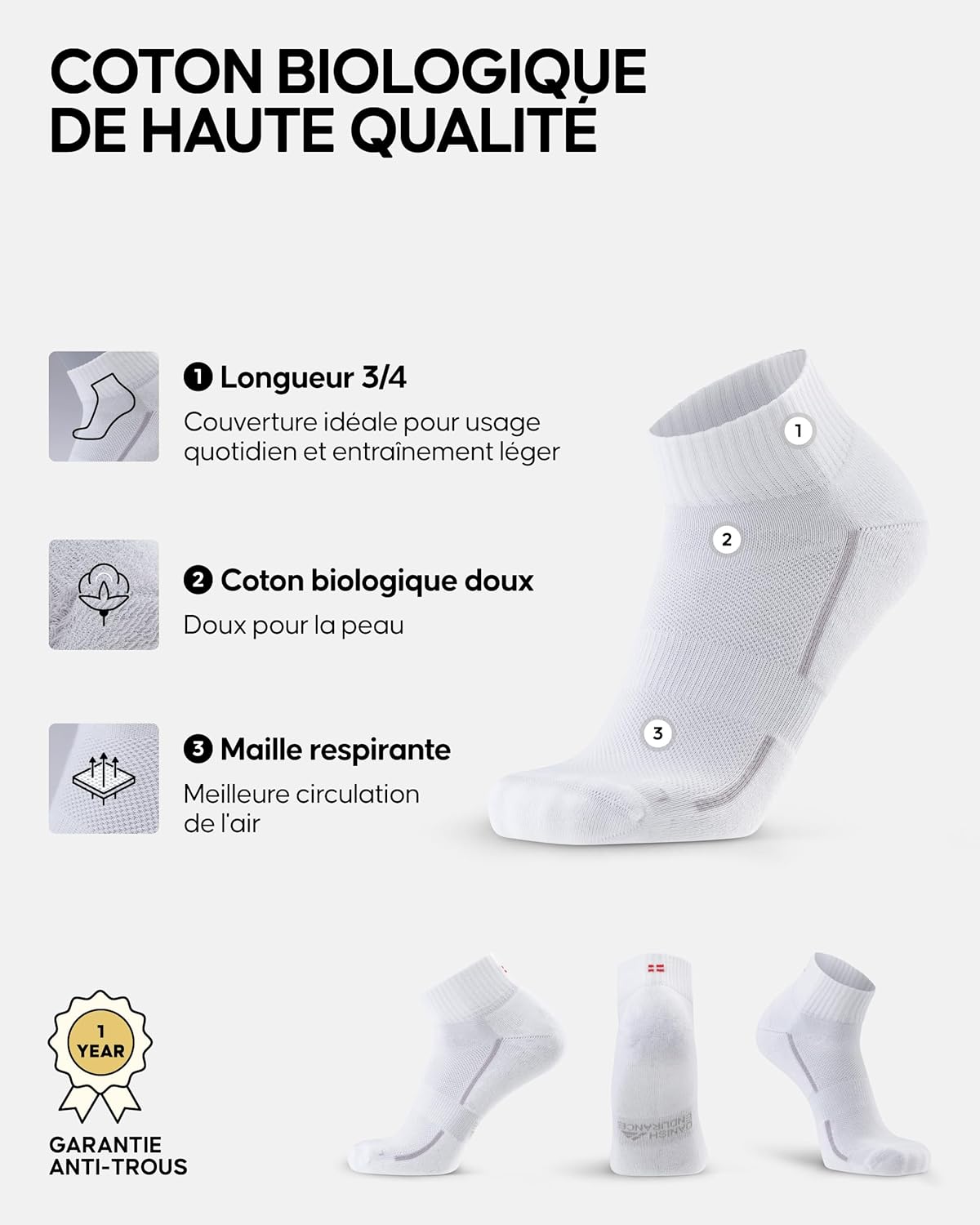 Detalle de DANISH ENDURANCE Chaussettes de sport en coton bio – anti-ampoules et respirantes, lot 3 ou 6