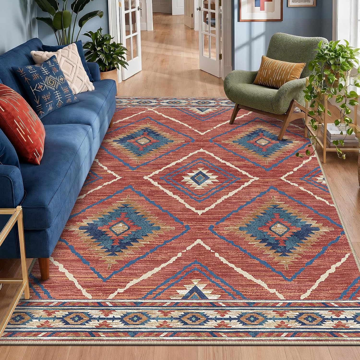 Detalle de Area Rug 5x7 | Machine Washable, Non-Slip, Low Pile Tribal Western Pattern (Red/Orange)