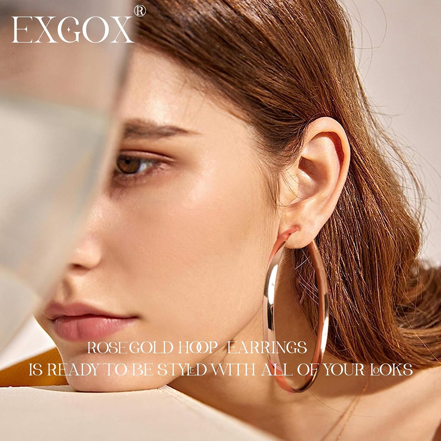 Detalle 2 de EXGOX Creolen aus Silber 925 für Damen, 5 mm breit – 14K vergoldet, hypoallergen, in 30/40/50/60/70 mm