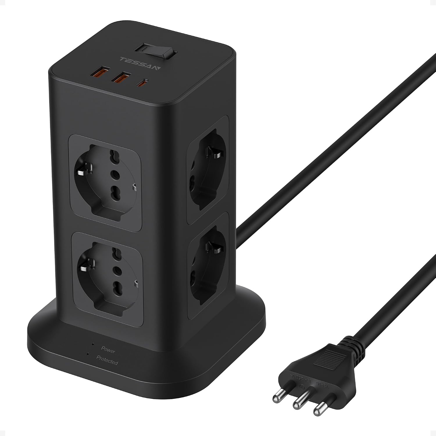 Detalle de TESSAN Ciabatta multipresa verticale con USB 20W, 8 prese IT e protezione da sovratensione (2 m)