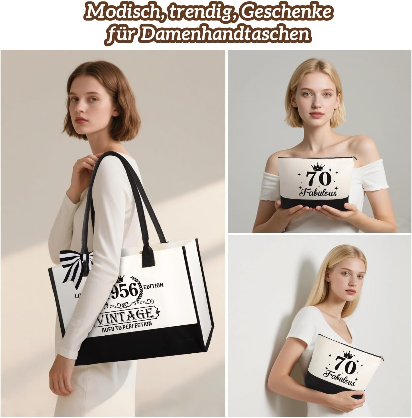 Detalle de Giftota 70. Geburtstag Geschenk Frau: Vintage 1956 Canvas Einkaufstasche inkl. Kosmetiktasche & Grußkarte