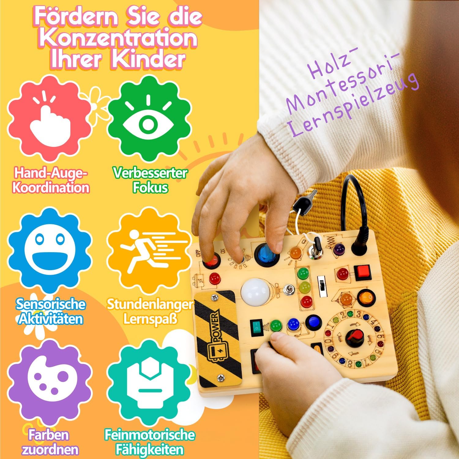 Thumbnail 2 de Montessori Busy Board ab 1 Jahr – Activity Board aus Holz mit 13 Schaltern und 24 LED-Leuchten