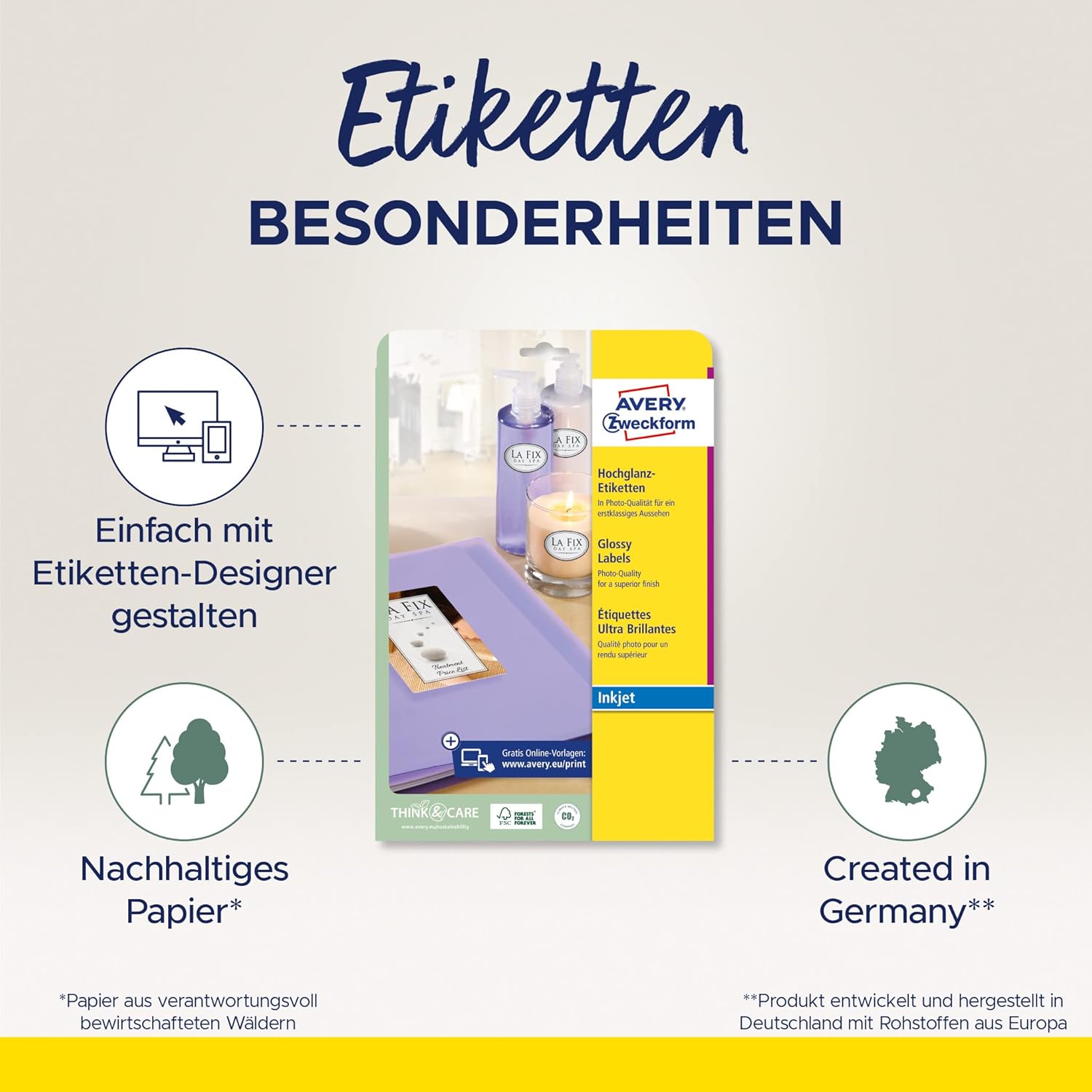 Thumbnail 1 de AVERY Zweckform C6080-10 Hochglanz-Etiketten – 150 Aufkleber, 63,5 x 46,6 mm, A4, Inkjet, FSC