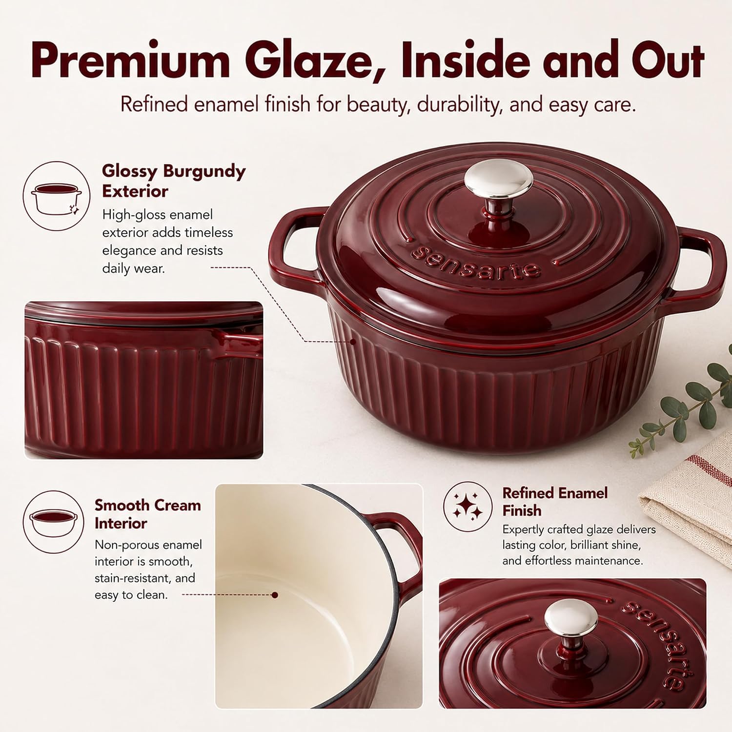 Thumbnail 1 de SENSARTE Enameled Cast Iron Dutch Oven (5.5 Quart) Red with Lid, Dual Handles, Trivet & Cotton Potholders