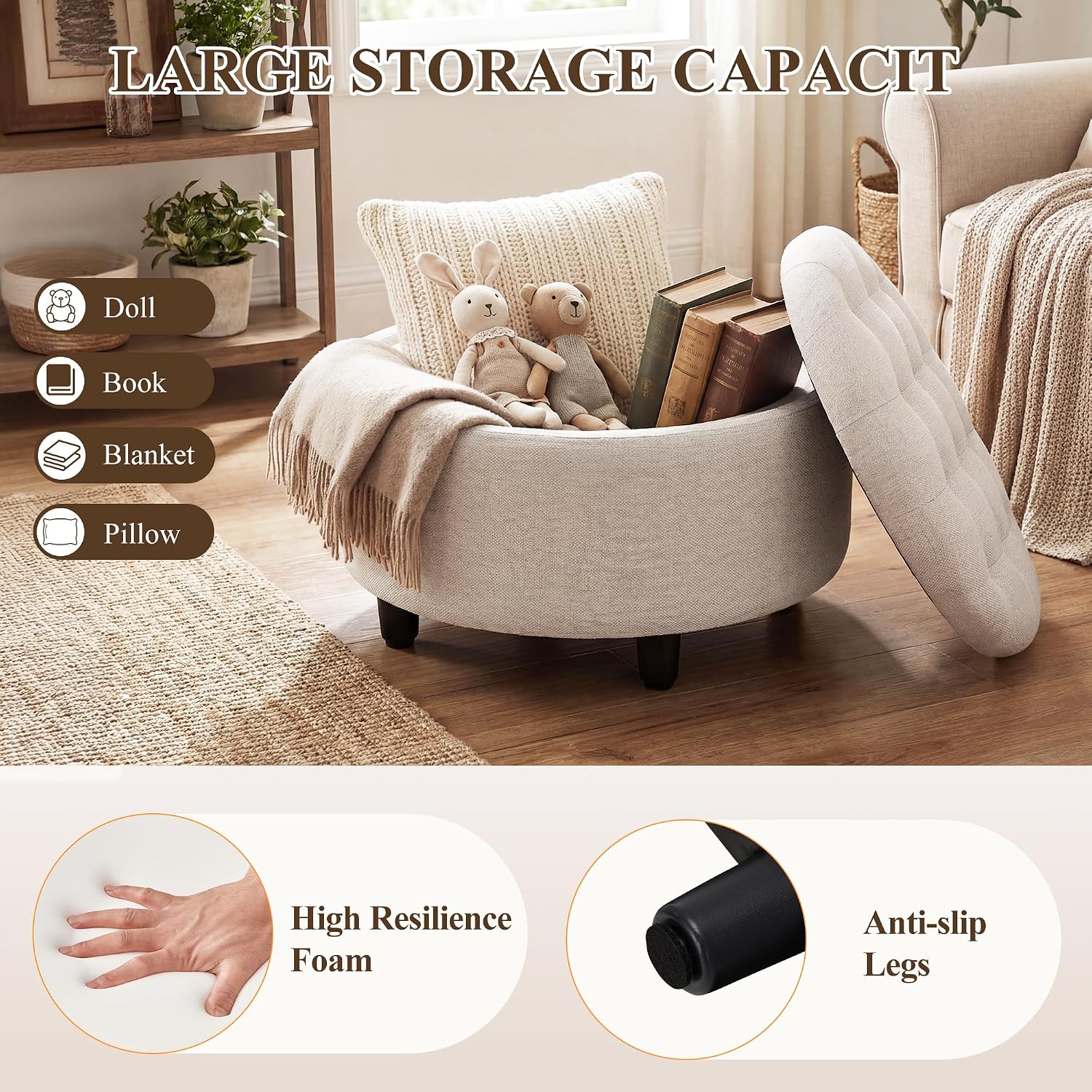Detalle de COLAMY Round Storage Ottoman, Beige